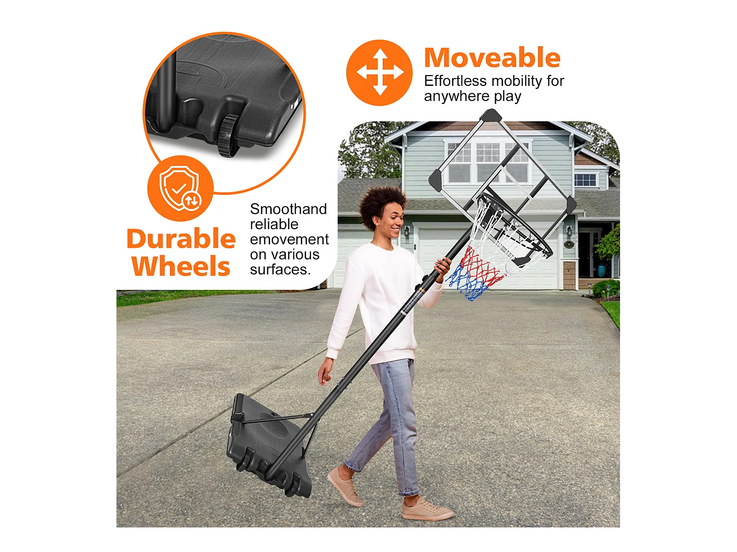 Panier de Basket Portable Réglable en Hauteur, Polycarbonate Incassable et Roues, PE Rotin et Acier, Noir (71x74x213 cm)