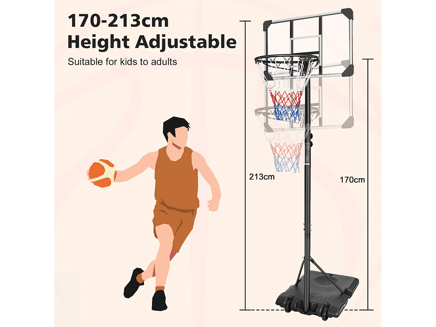 Panier de Basket Portable Réglable en Hauteur, Polycarbonate Incassable et Roues, PE Rotin et Acier, Noir (71x74x213 cm)