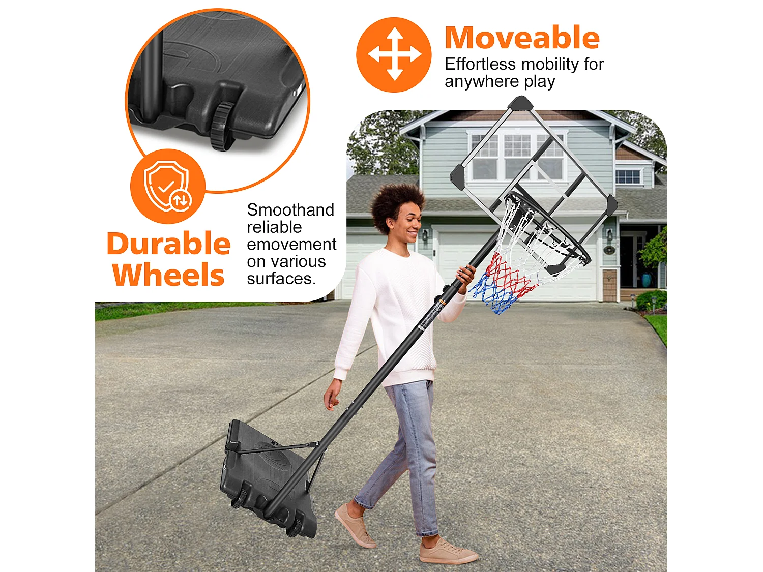 Panier de Basket Portable Réglable en Hauteur, Polycarbonate Incassable et Roues, PE Rotin et Acier, Noir (71x74x213 cm)