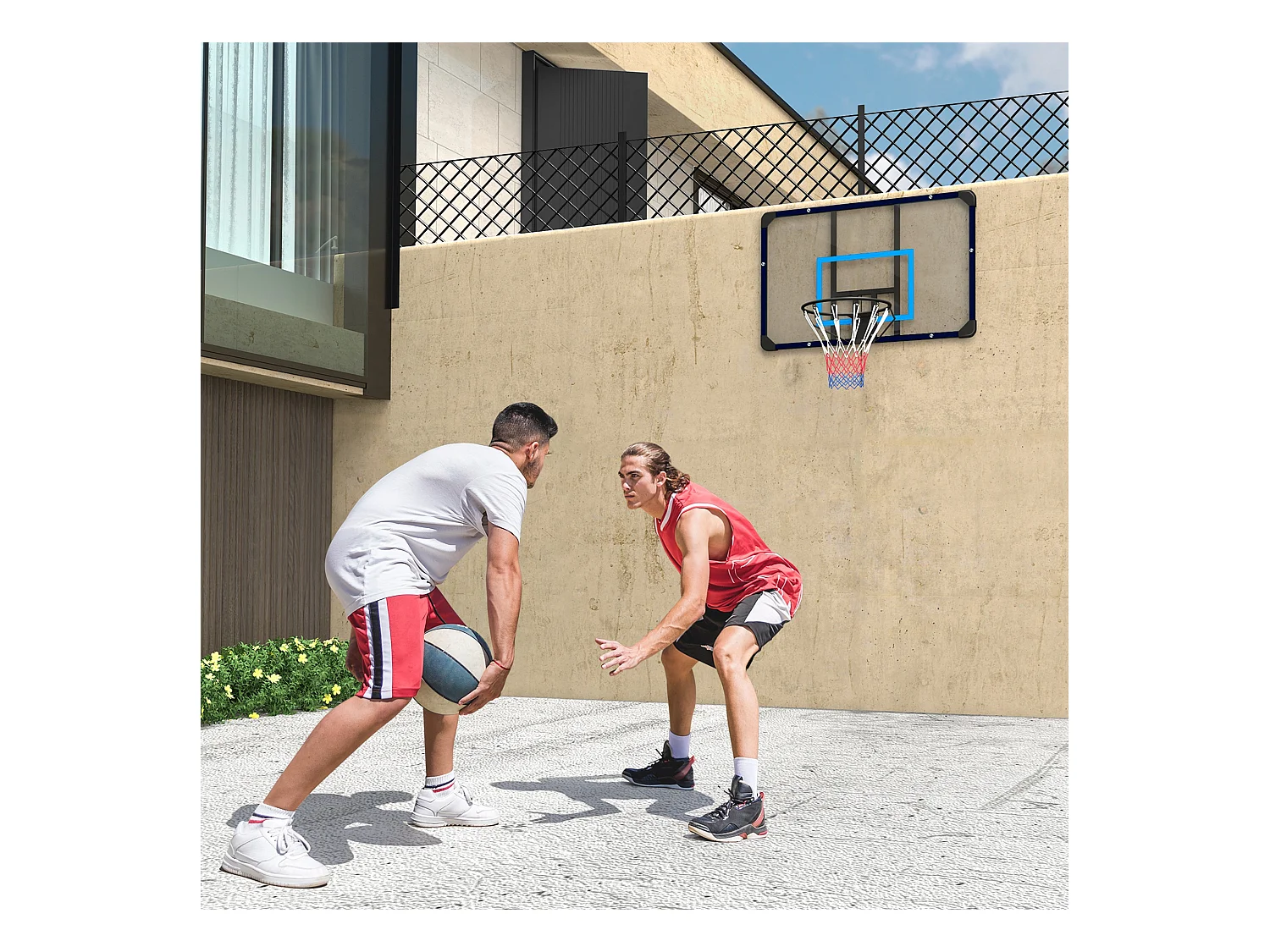 Panier de basket mural, design professionnel, acier, noir avec filet (113x61x73cm)