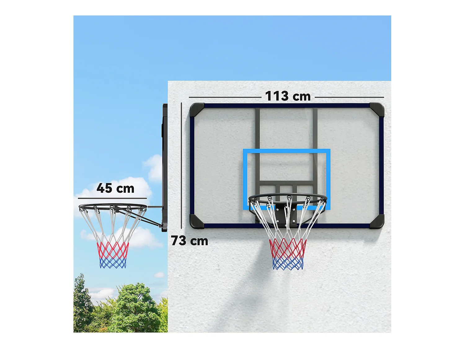 Panier de basket mural, design professionnel, acier, noir avec filet (113x61x73cm)