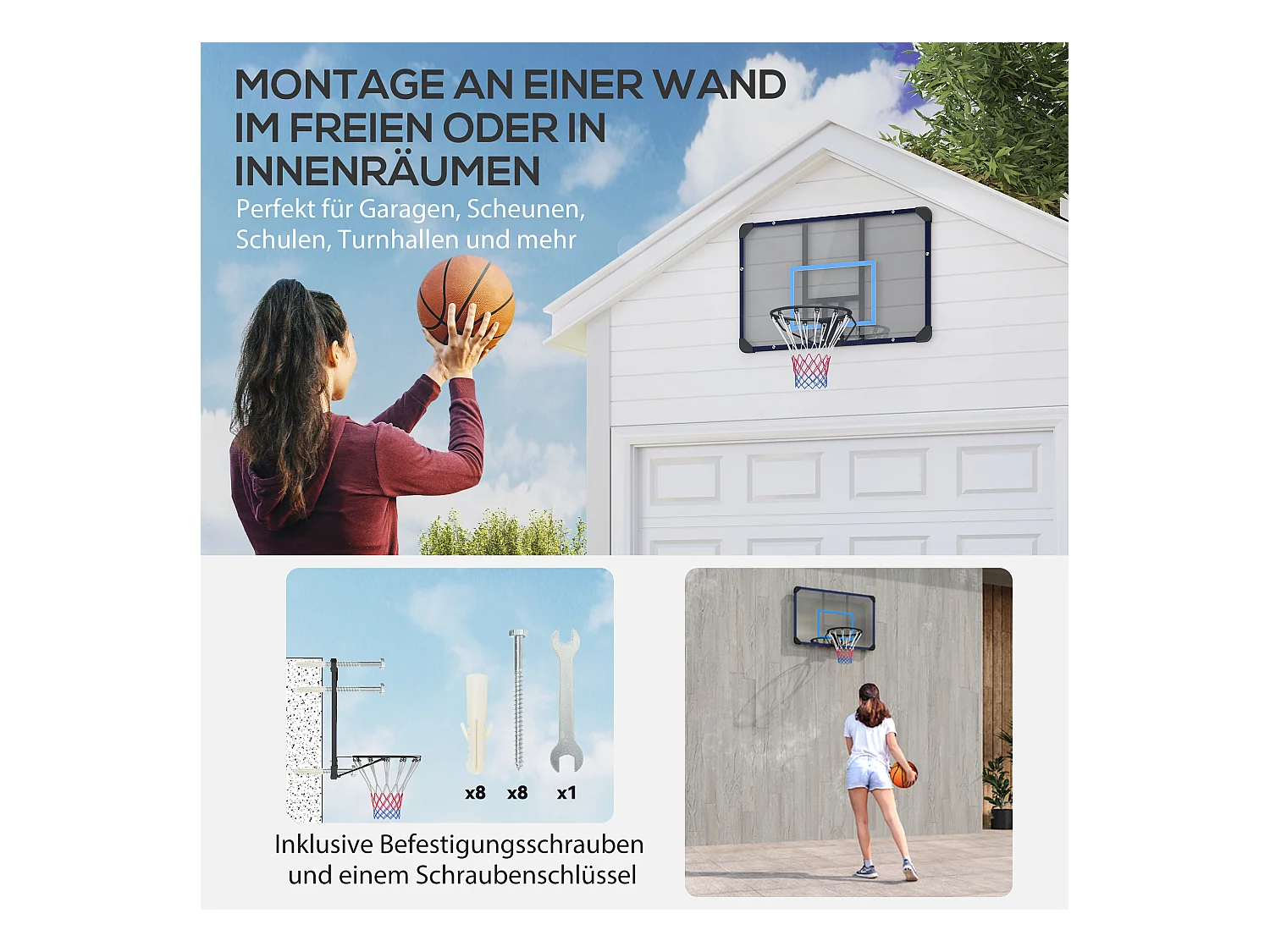 Panier de basket mural, design professionnel, acier, noir avec filet (113x61x73cm)