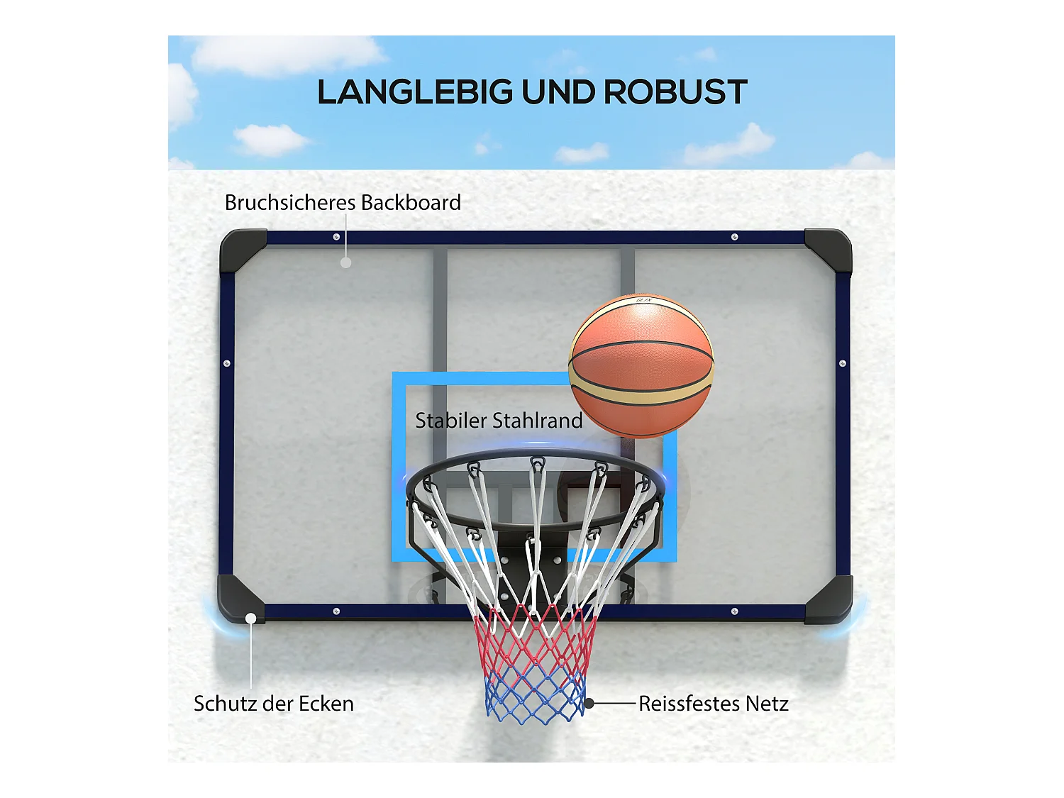 Panier de basket mural, design professionnel, acier, noir avec filet (113x61x73cm)