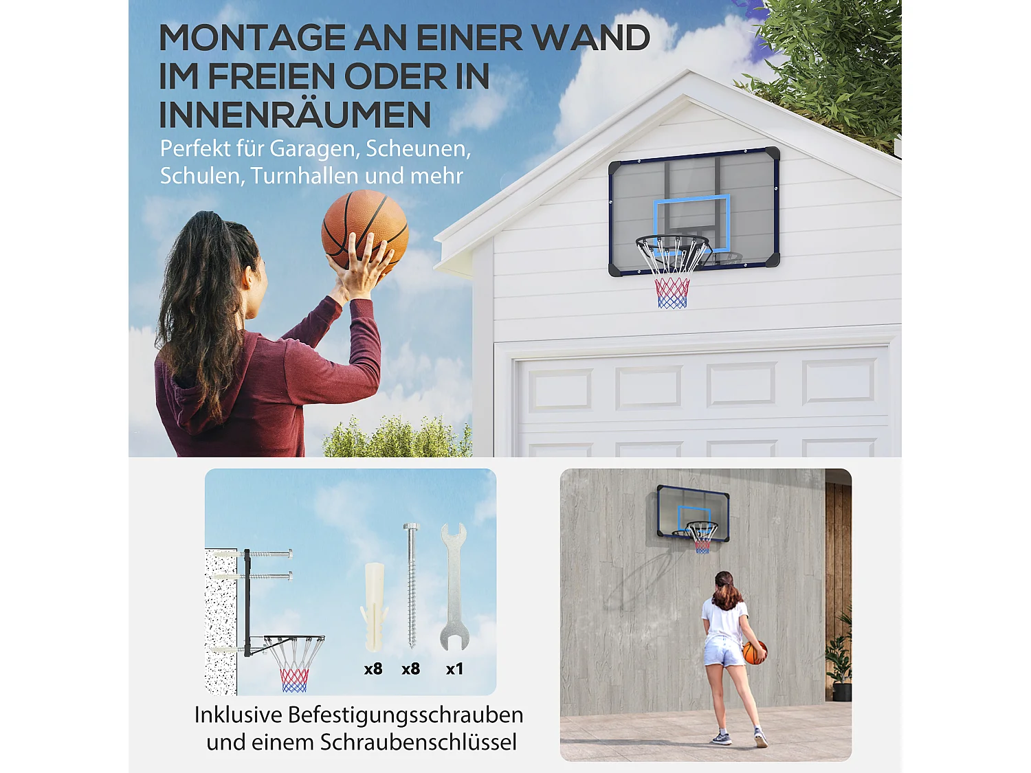 Canasta de baloncesto de pared de diseño profesional, de acero, negra, con red (113 x 61 x 73 cm)