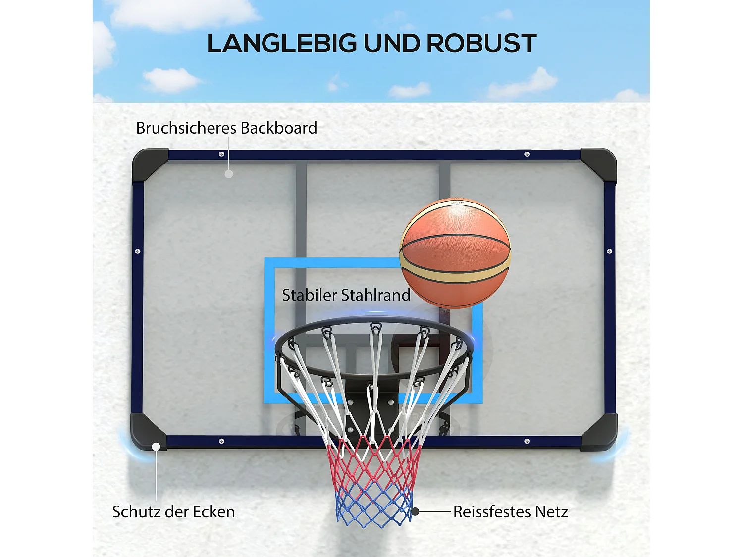 Canasta de baloncesto de pared de diseño profesional, de acero, negra, con red (113 x 61 x 73 cm)