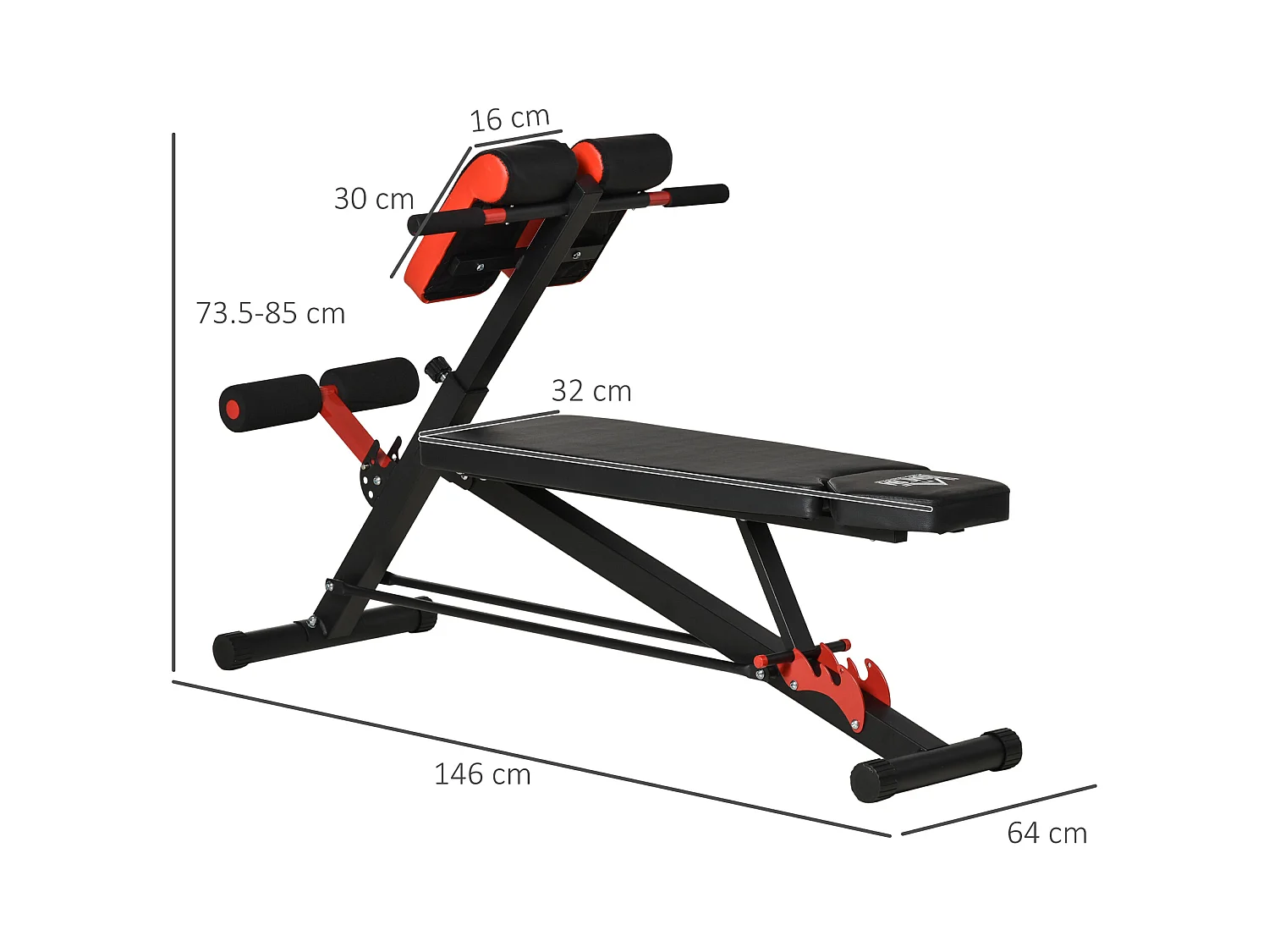 Banc de musculation réglable multifonction, acier, noir, avec repose-pieds et siège ajustable (64x146x73.5-85 cm)