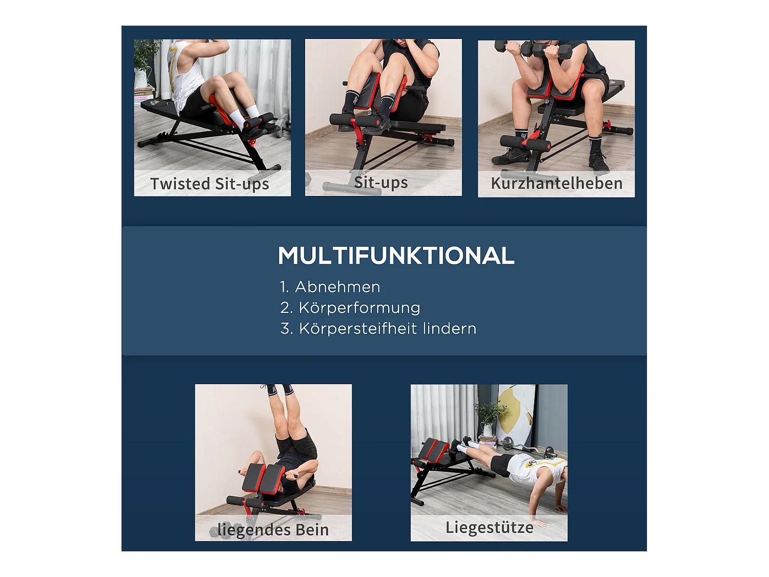 Banc de musculation réglable multifonction, acier, noir, avec repose-pieds et siège ajustable (64x146x73.5-85 cm)