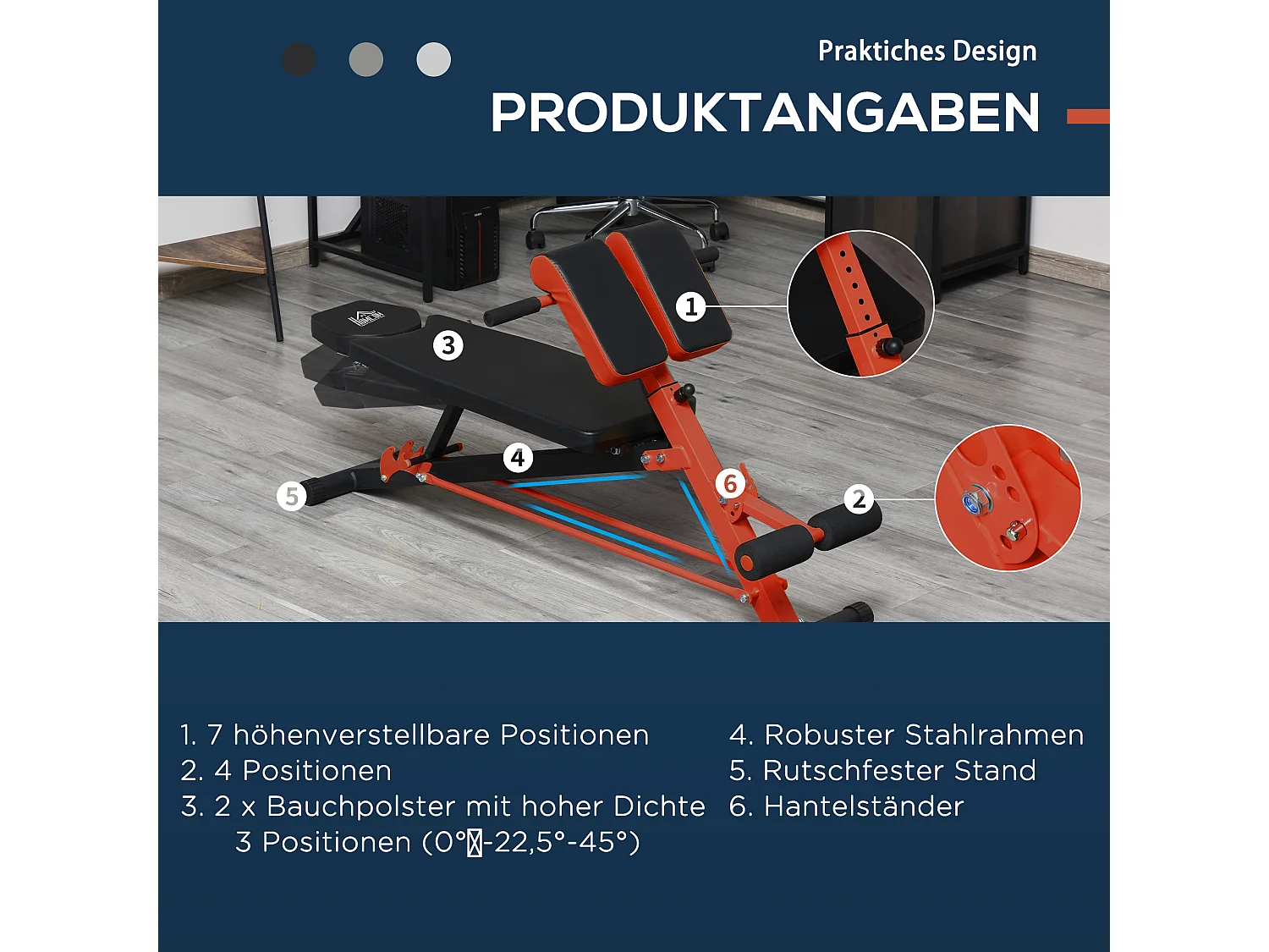 Banc de musculation réglable multifonction, acier, noir, avec repose-pieds et siège ajustable (64x146x73.5-85 cm)