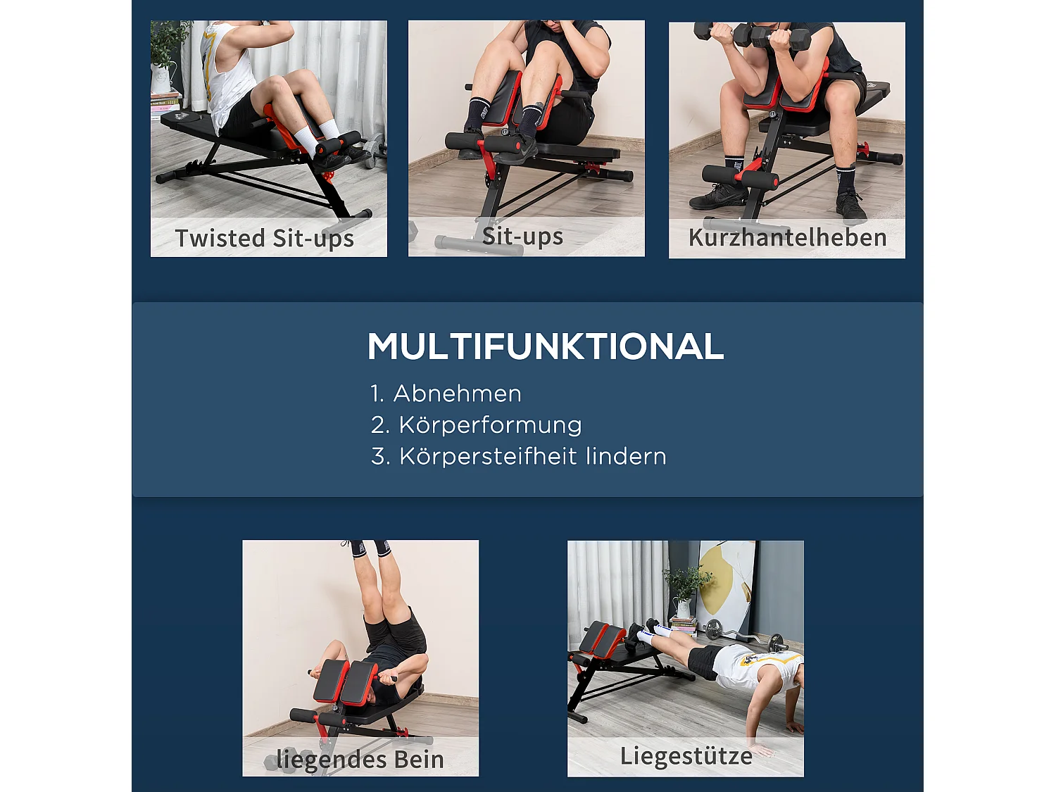 Banc de musculation réglable multifonction, acier, noir, avec repose-pieds et siège ajustable (64x146x73.5-85 cm)