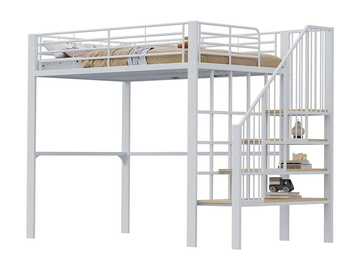 Lit mezzanine 140x200 cm, structure métallique robuste avec escalier et espace de rangement, blanc (215.5x145x169 cm)