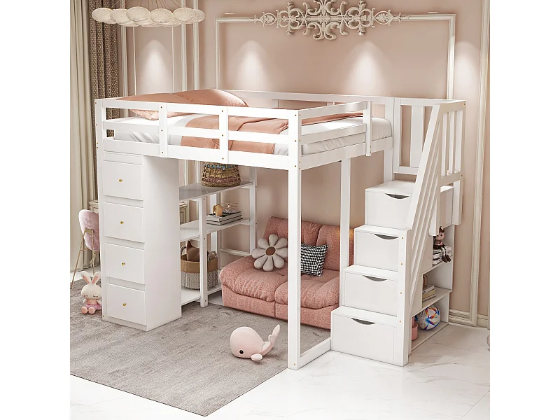 Letto a soppalco 140x200cm con cassetti portaoggetti, scaletta di sicurezza e ripiani, legno massello, bianco (253x146,5x168cm)