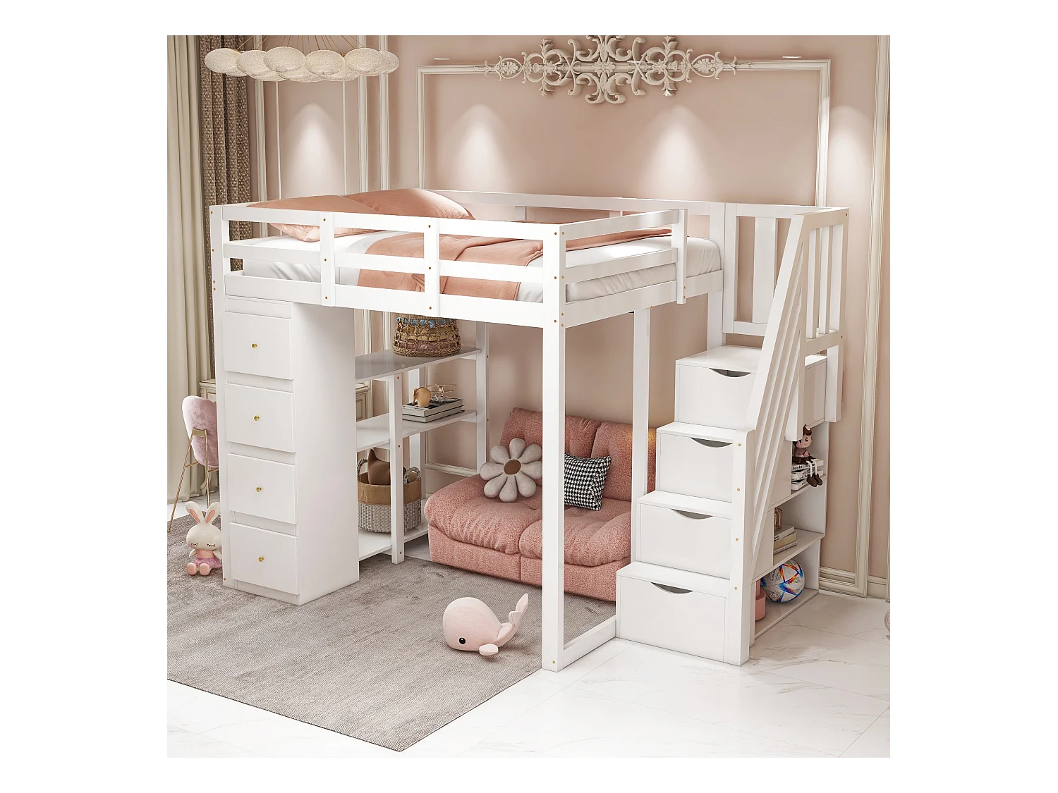 Lit mezzanine 140x200cm avec tiroirs de rangement, échelle sécurisée et étagères, bois massif, blanc (253x146.5x168cm)