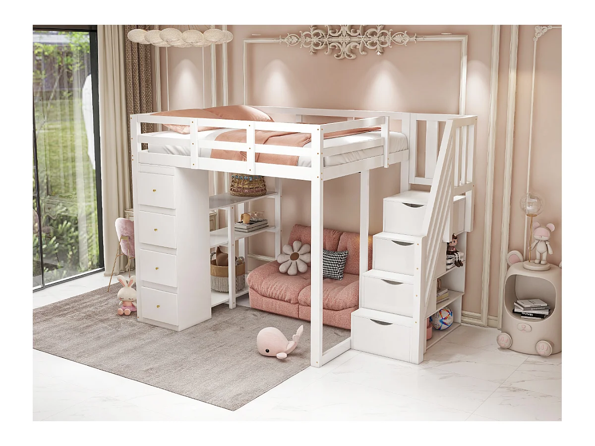Lit mezzanine 140x200cm avec tiroirs de rangement, échelle sécurisée et étagères, bois massif, blanc (253x146.5x168cm)