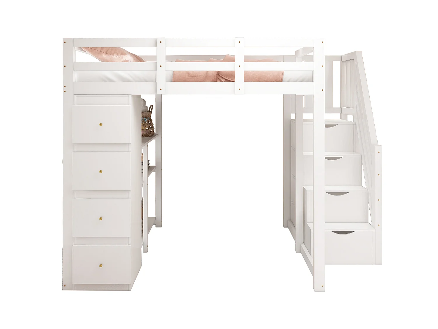 Lit mezzanine 140x200cm avec tiroirs de rangement, échelle sécurisée et étagères, bois massif, blanc (253x146.5x168cm)