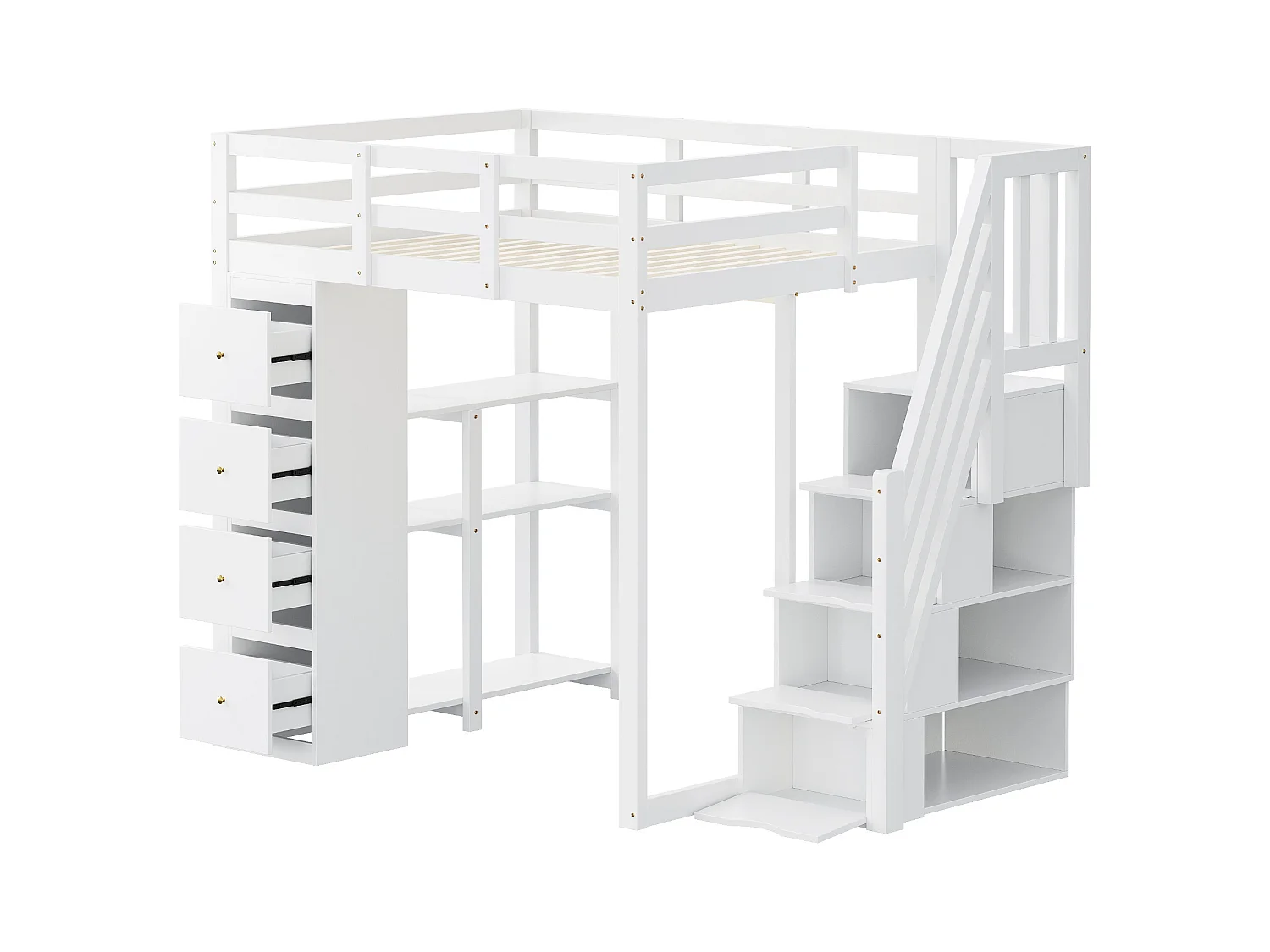 Lit mezzanine 140x200cm avec tiroirs de rangement, échelle sécurisée et étagères, bois massif, blanc (253x146.5x168cm)
