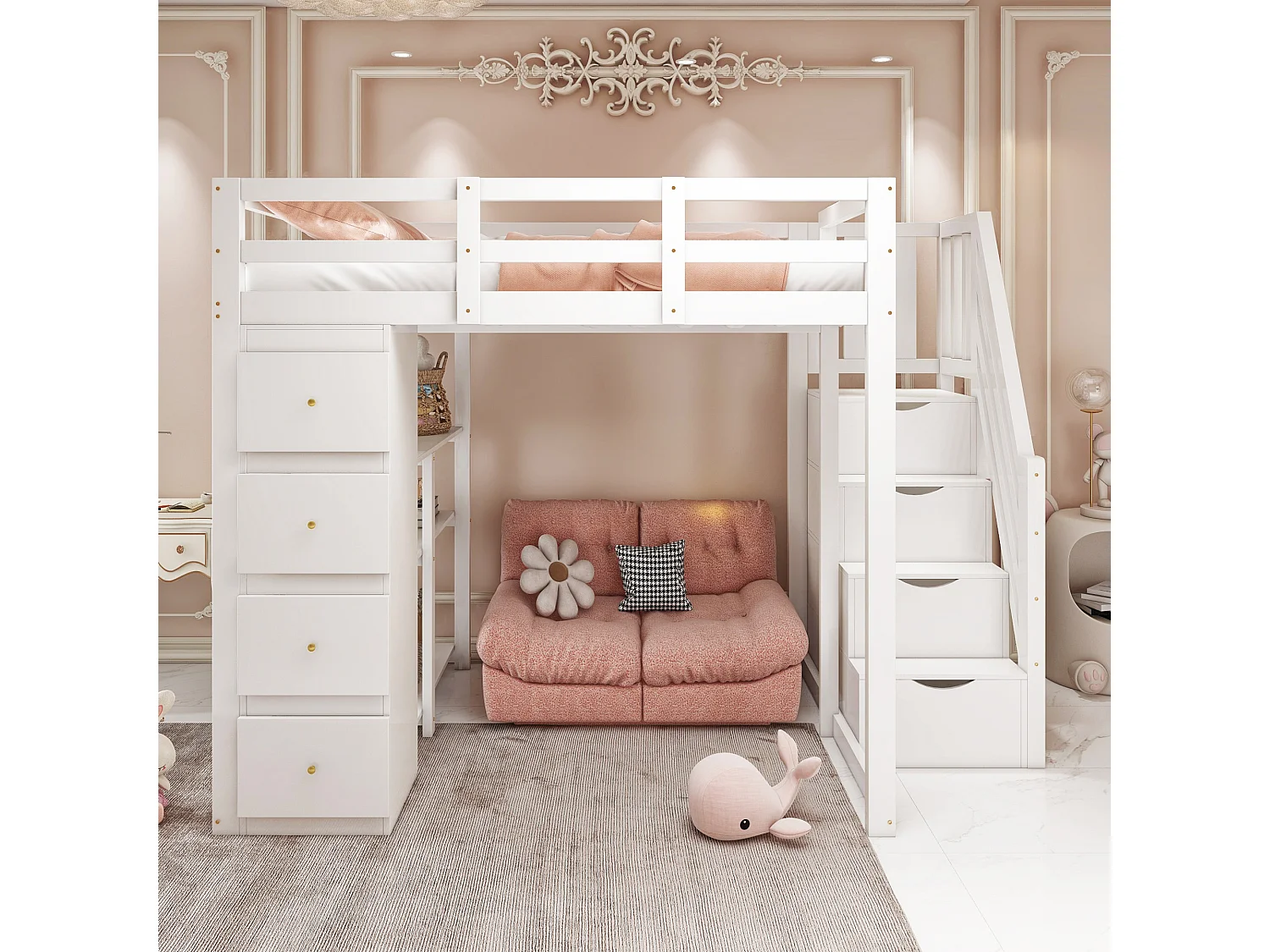 Lit mezzanine 140x200cm avec tiroirs de rangement, échelle sécurisée et étagères, bois massif, blanc (253x146.5x168cm)