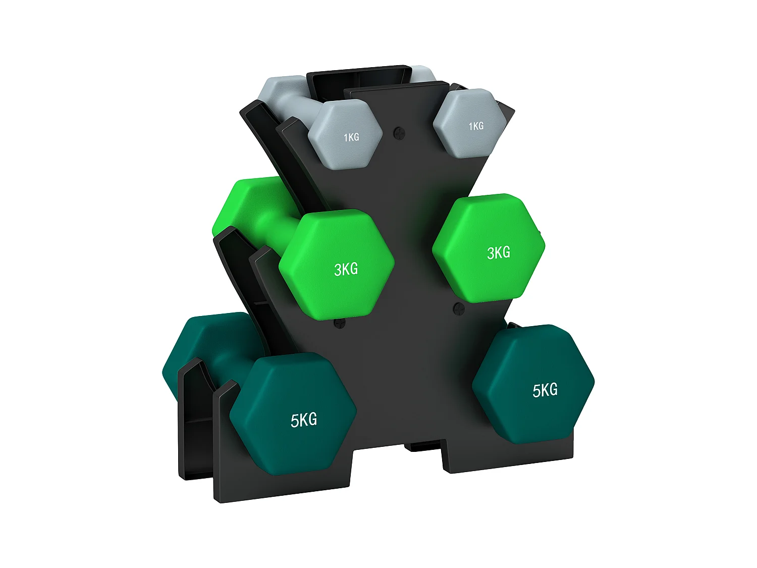 Set de 6 Hanteln avec support, 2 x 1kg, 2 x 3kg, 2 x 5kg, métal, multicolore (34x10x34 cm)