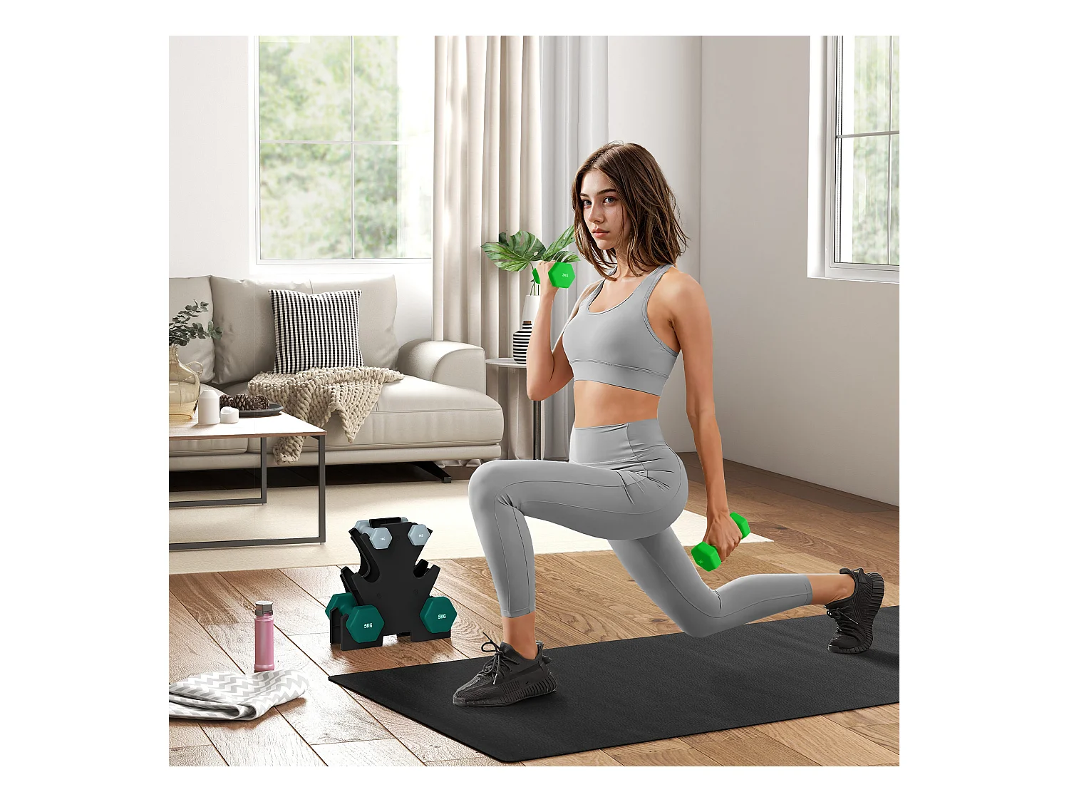 Set de 6 Hanteln avec support, 2 x 1kg, 2 x 3kg, 2 x 5kg, métal, multicolore (34x10x34 cm)