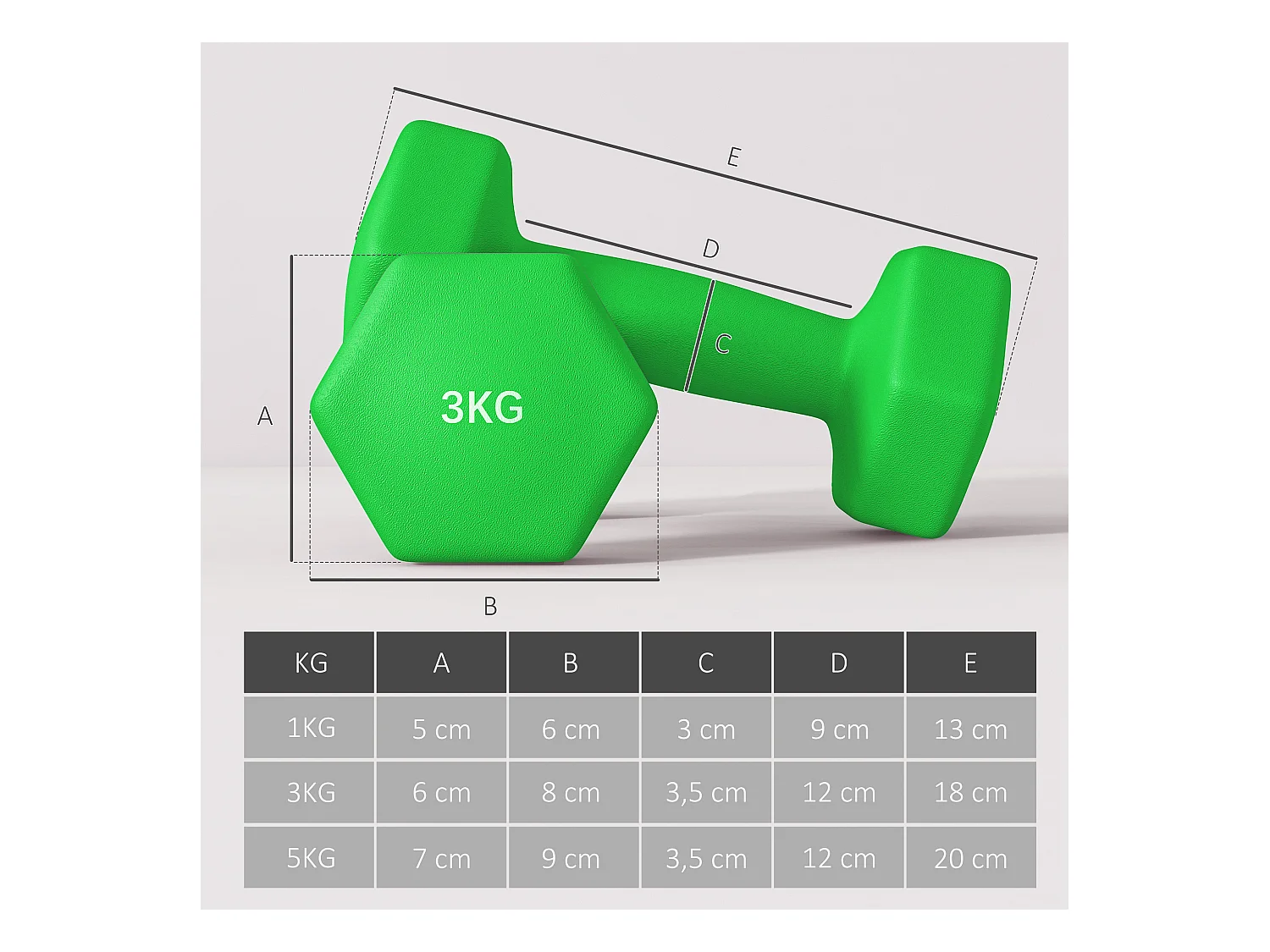 Set de 6 Hanteln avec support, 2 x 1kg, 2 x 3kg, 2 x 5kg, métal, multicolore (34x10x34 cm)