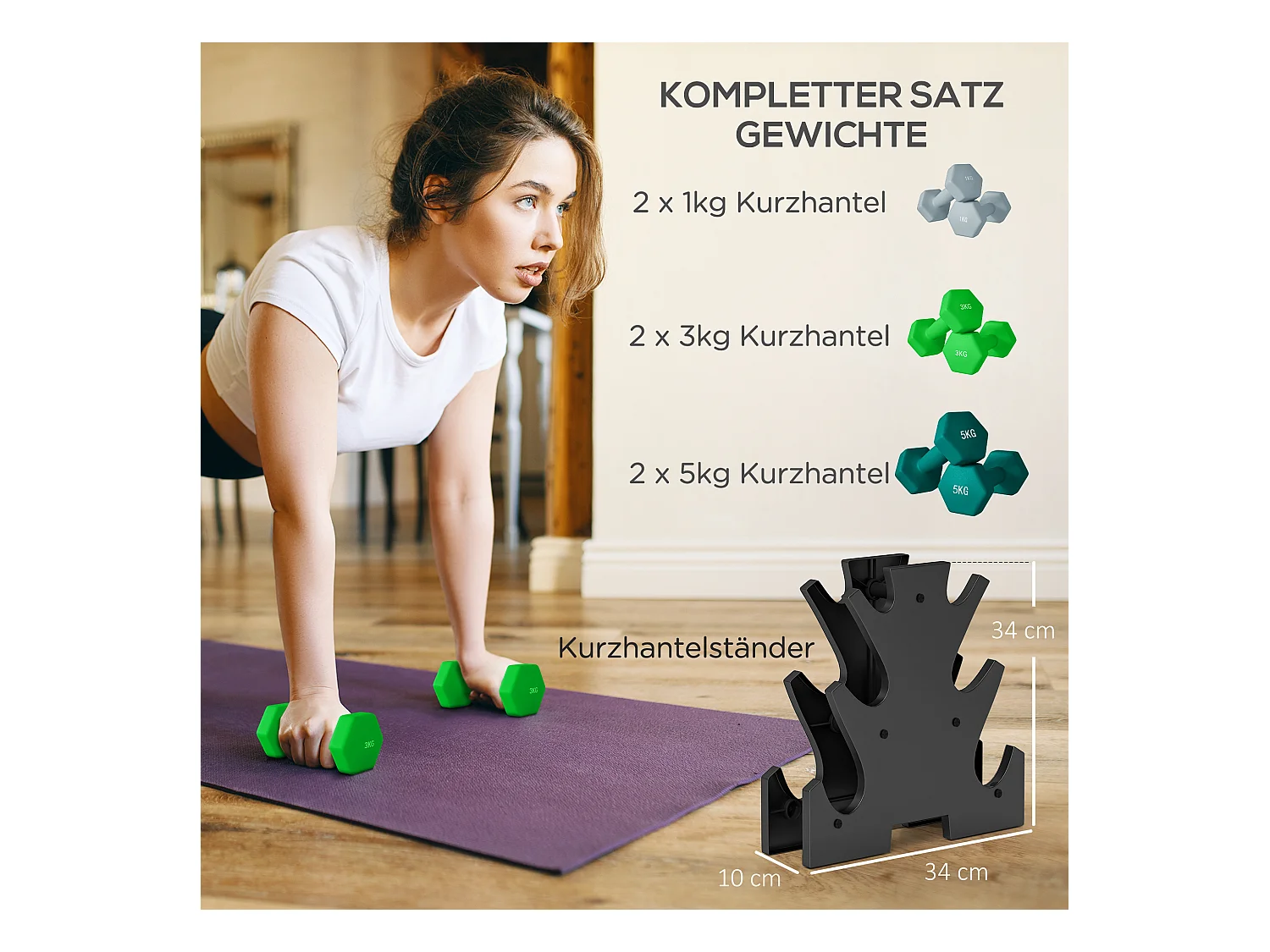 Set de 6 Hanteln avec support, 2 x 1kg, 2 x 3kg, 2 x 5kg, métal, multicolore (34x10x34 cm)