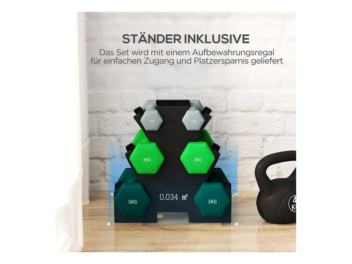 Set de 6 Hanteln avec support, 2 x 1kg, 2 x 3kg, 2 x 5kg, métal, multicolore (34x10x34 cm)