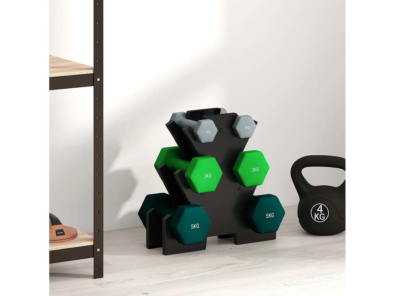 Set de 6 Hanteln avec support, 2 x 1kg, 2 x 3kg, 2 x 5kg, métal, multicolore (34x10x34 cm)