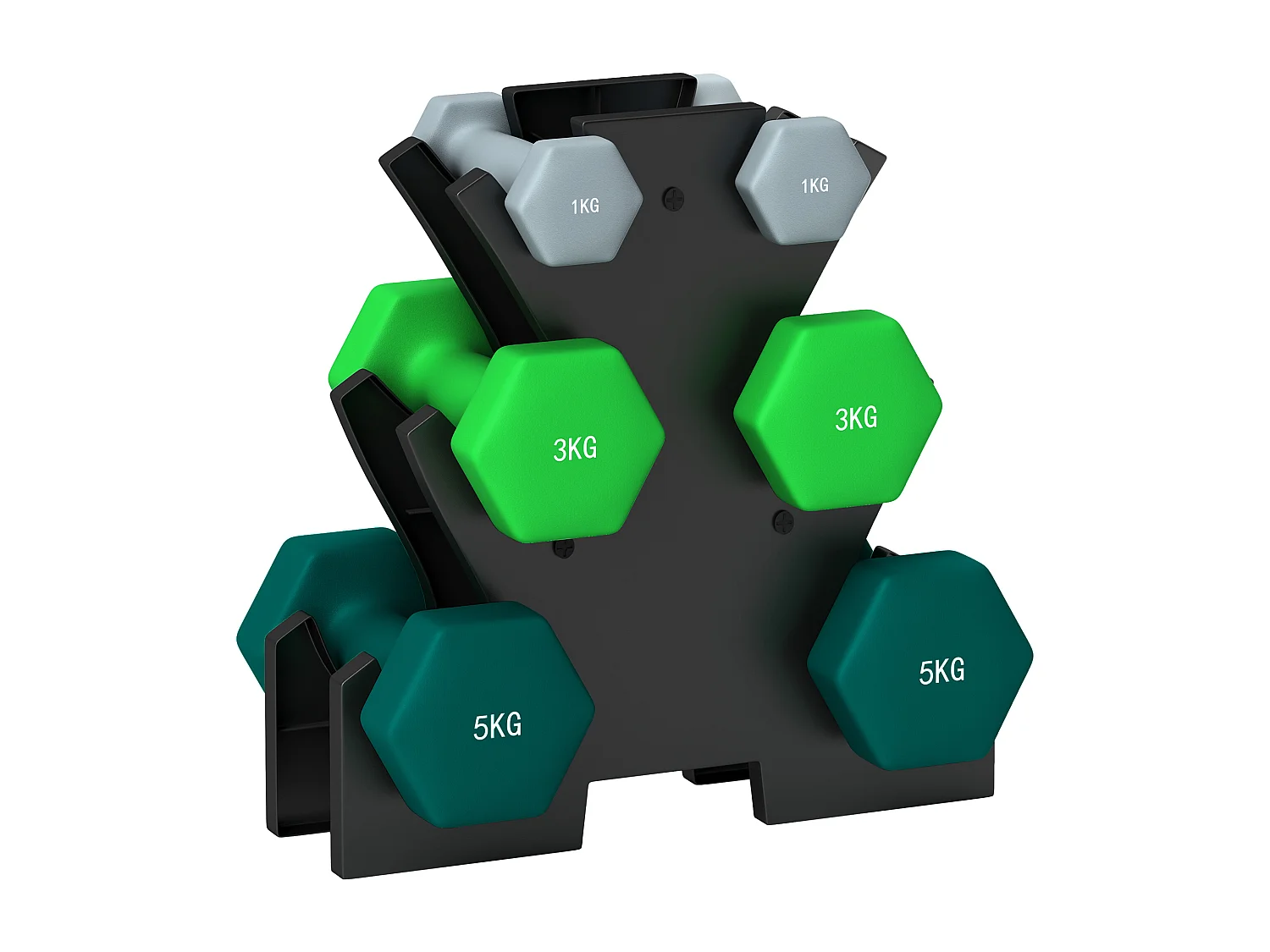 Set de 6 Hanteln avec support, 2 x 1kg, 2 x 3kg, 2 x 5kg, métal, multicolore (34x10x34 cm)