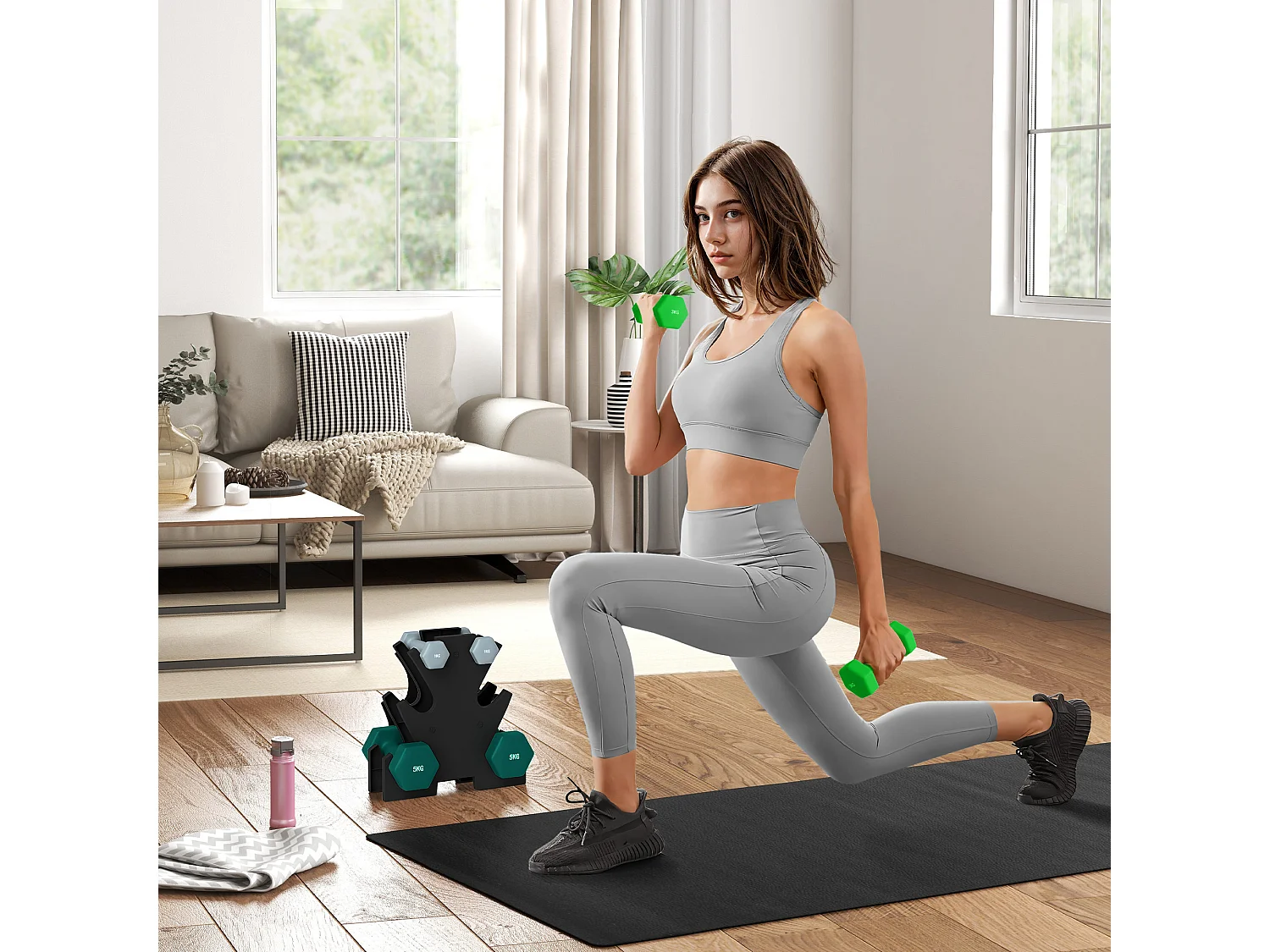 Set de 6 Hanteln avec support, 2 x 1kg, 2 x 3kg, 2 x 5kg, métal, multicolore (34x10x34 cm)