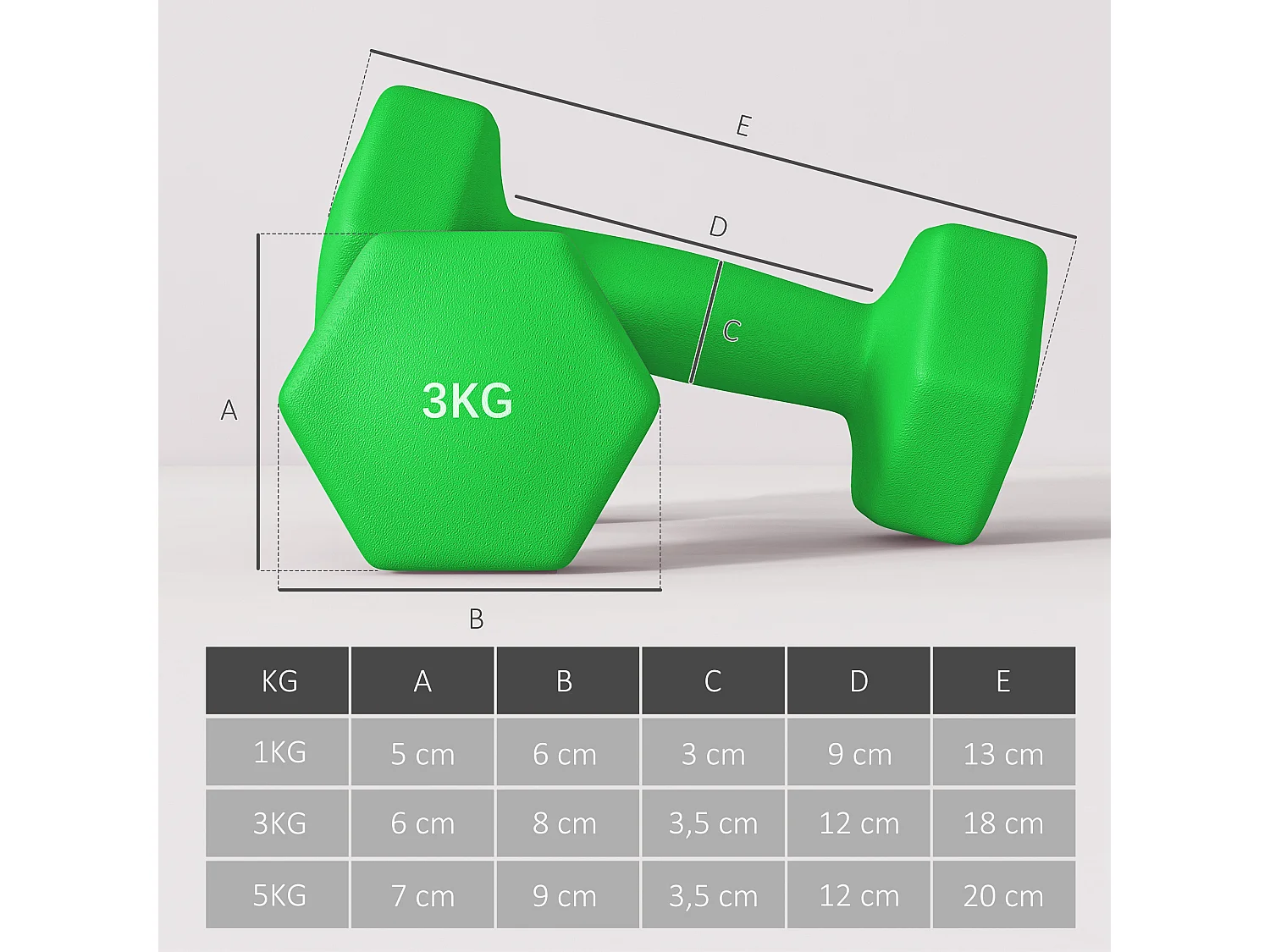 Set de 6 Hanteln avec support, 2 x 1kg, 2 x 3kg, 2 x 5kg, métal, multicolore (34x10x34 cm)