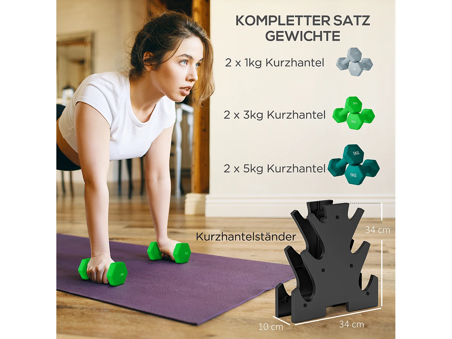 Set de 6 Hanteln avec support, 2 x 1kg, 2 x 3kg, 2 x 5kg, métal, multicolore (34x10x34 cm)