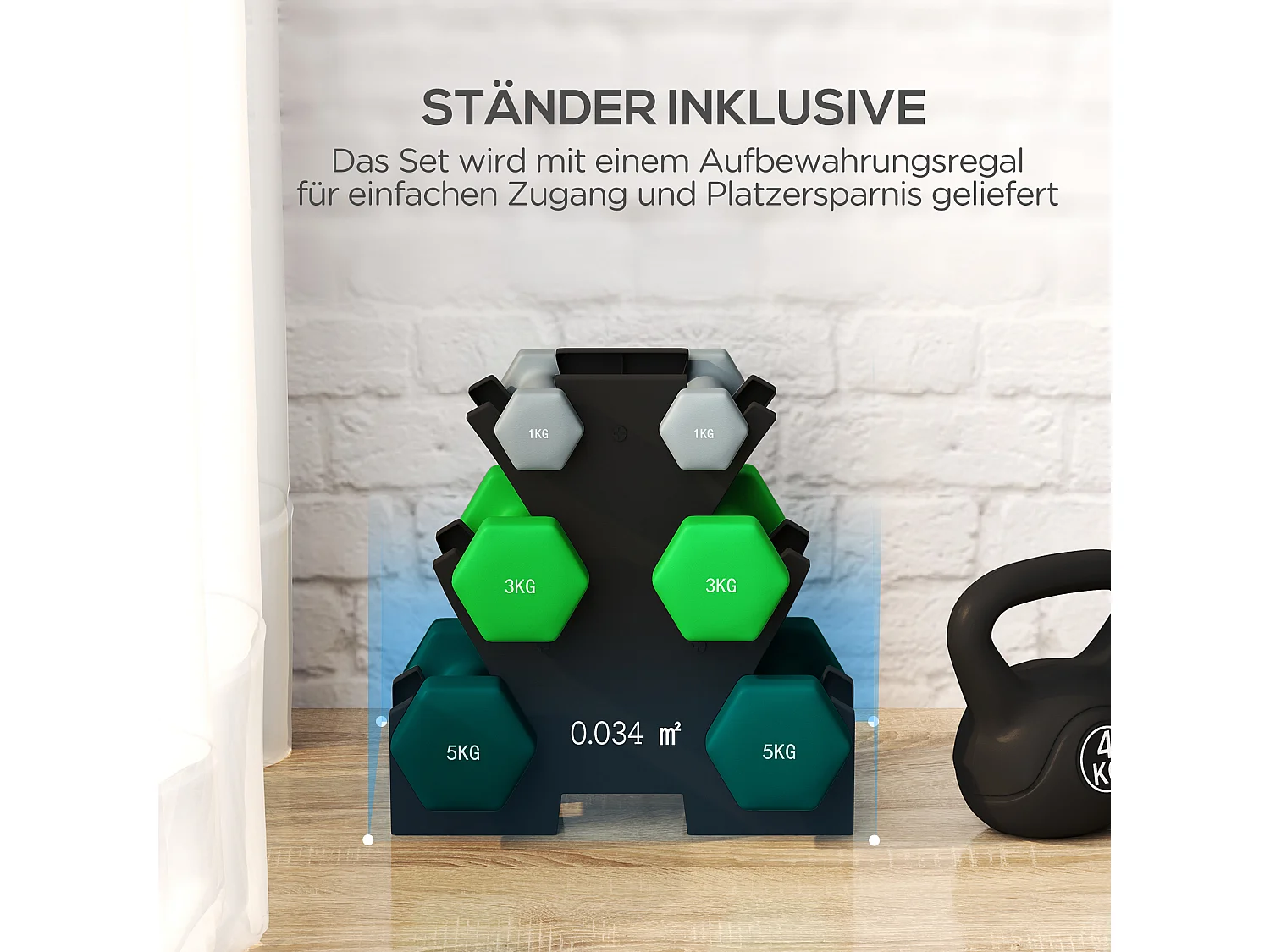 Set de 6 Hanteln avec support, 2 x 1kg, 2 x 3kg, 2 x 5kg, métal, multicolore (34x10x34 cm)