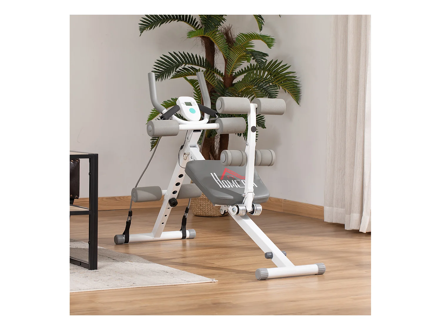 Banc d'entraînement abdominal 2-en-1 réglable avec écran LCD, acier, blanc et gris (117x46x70 cm)