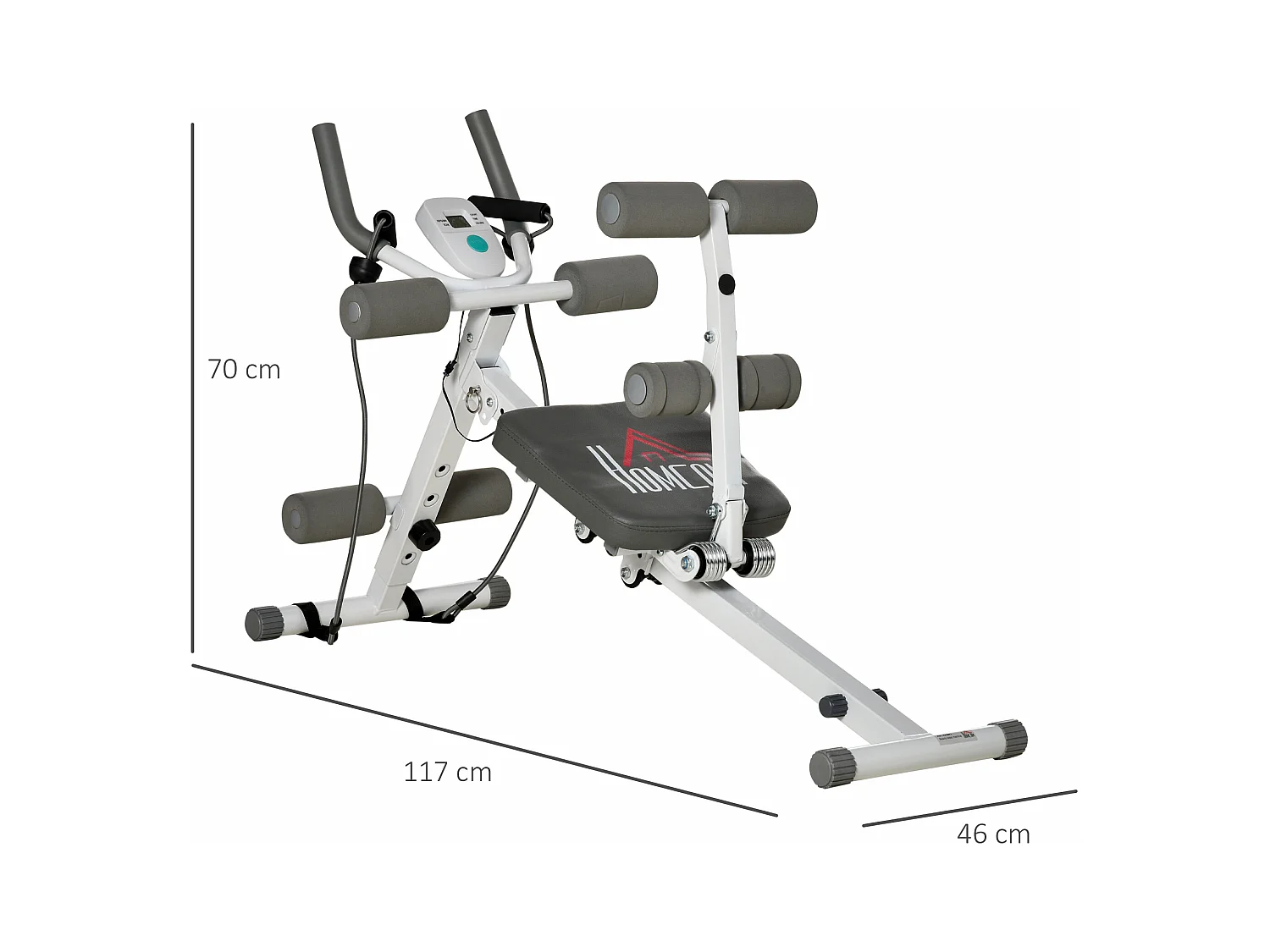 Banc d'entraînement abdominal 2-en-1 réglable avec écran LCD, acier, blanc et gris (117x46x70 cm)