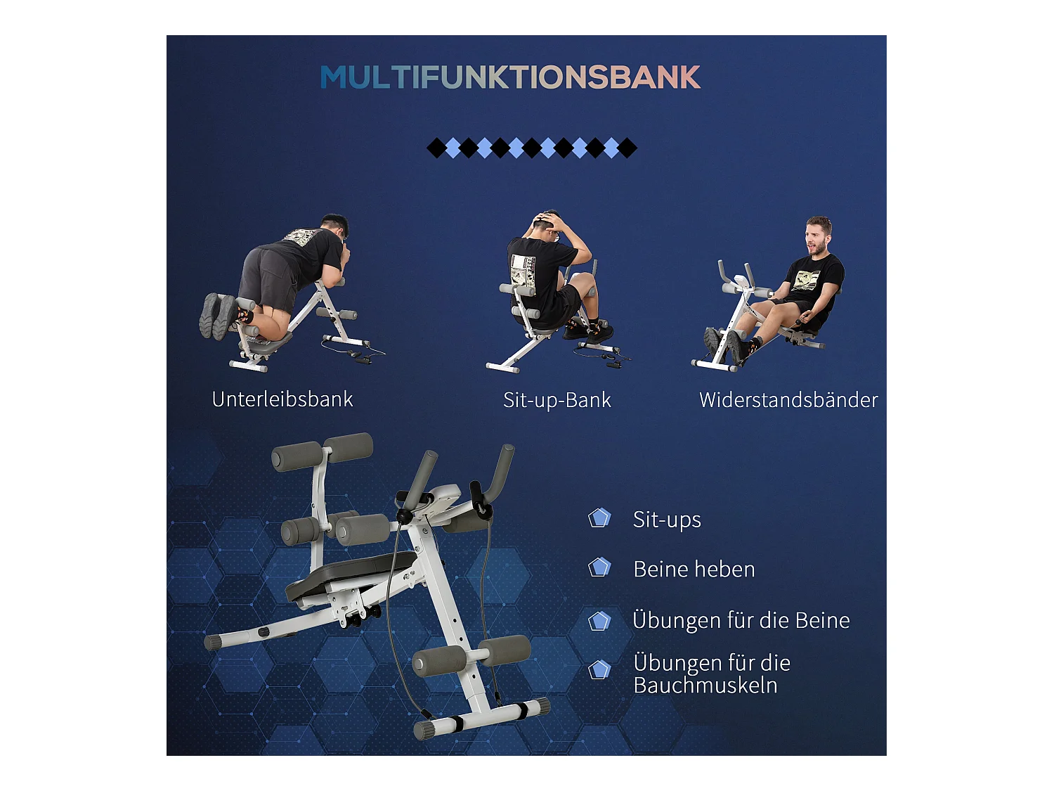 Banc d'entraînement abdominal 2-en-1 réglable avec écran LCD, acier, blanc et gris (117x46x70 cm)