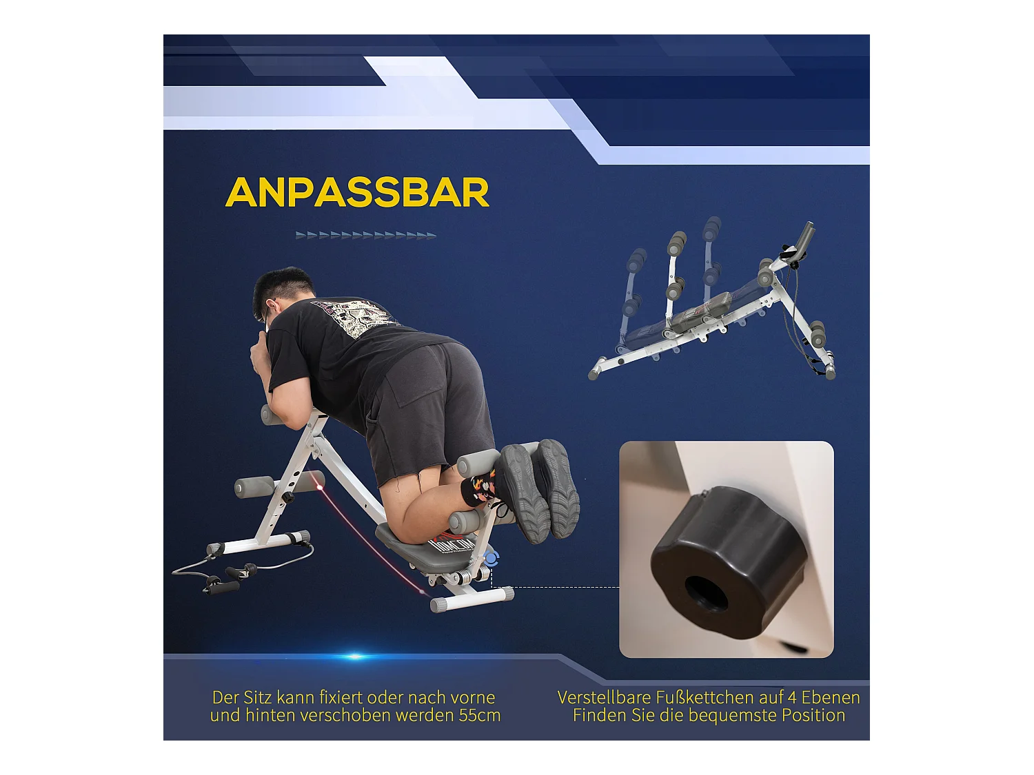 Banc d'entraînement abdominal 2-en-1 réglable avec écran LCD, acier, blanc et gris (117x46x70 cm)