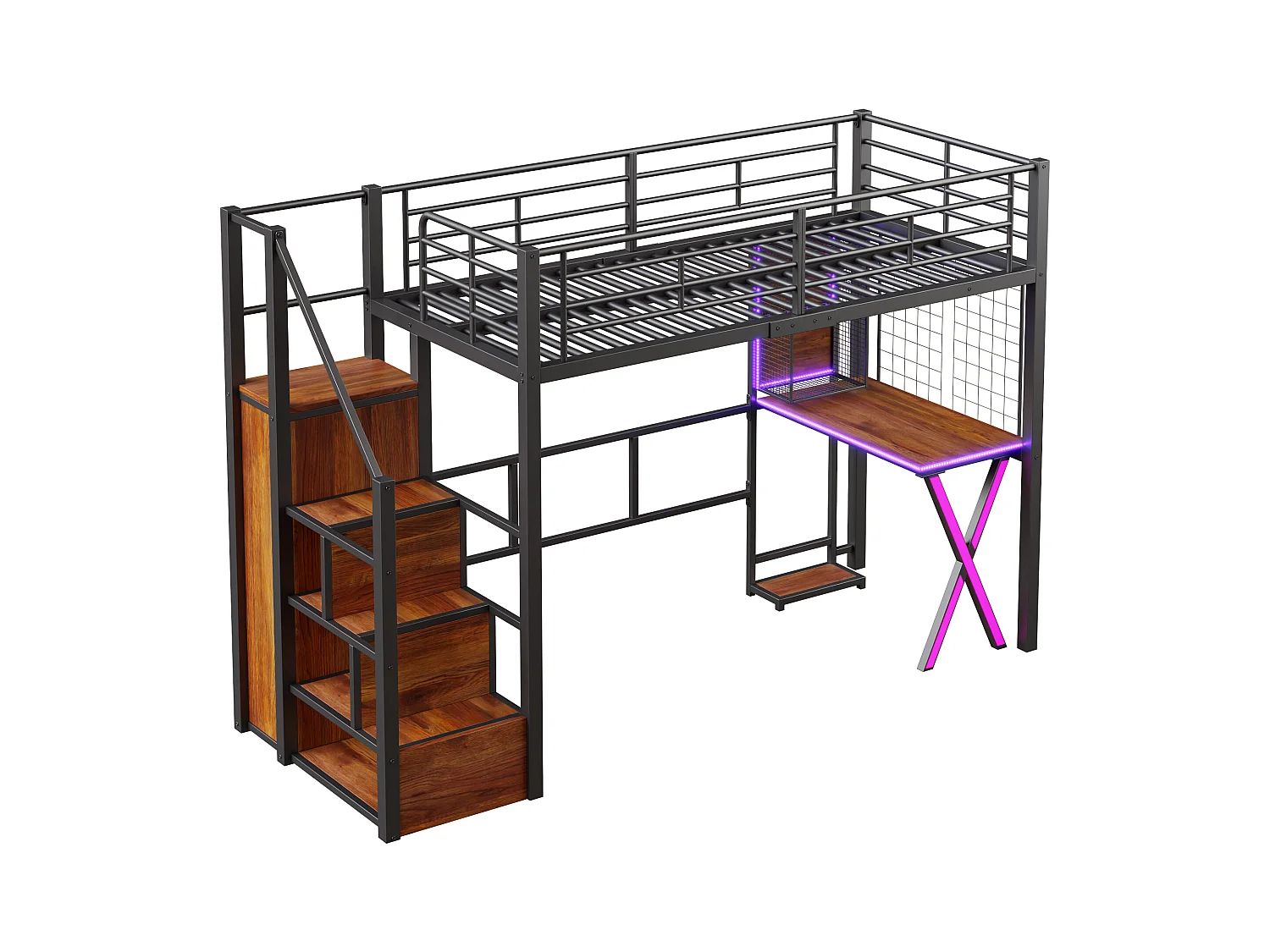 Lit mezzanine avec bureau et dressing, métal et MDF, noir, éclairage LED intégré (253.3x95x169cm)