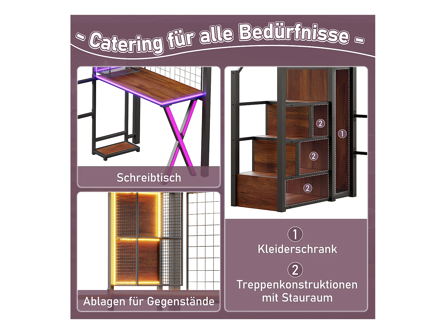 Lit mezzanine avec bureau et dressing, métal et MDF, noir, éclairage LED intégré (253.3x95x169cm)