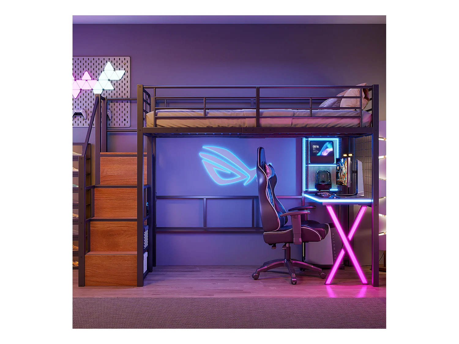 Lit mezzanine avec bureau et dressing, métal et MDF, noir, éclairage LED intégré (253.3x95x169cm)