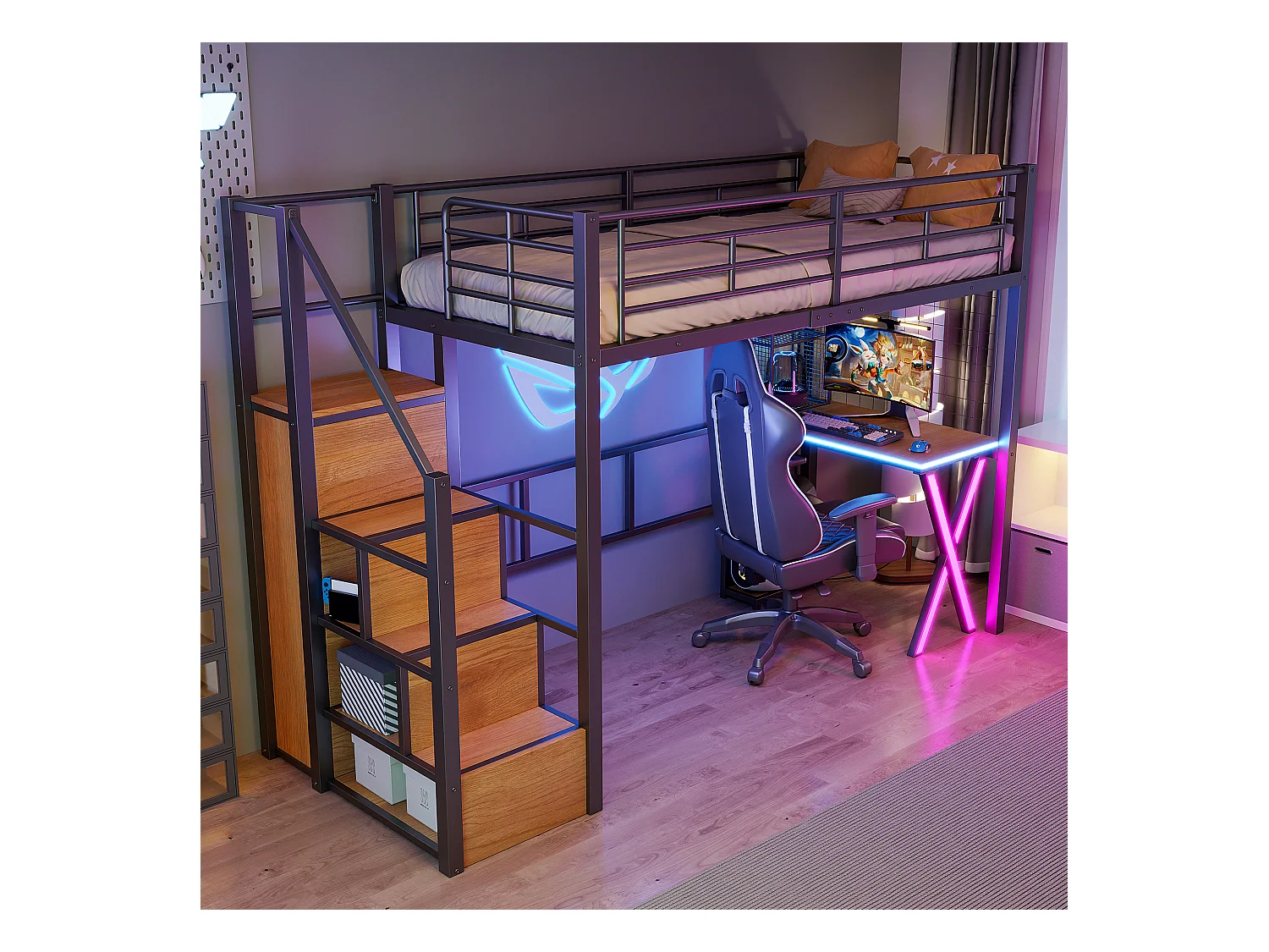 Lit mezzanine avec bureau et dressing, métal et MDF, noir, éclairage LED intégré (253.3x95x169cm)