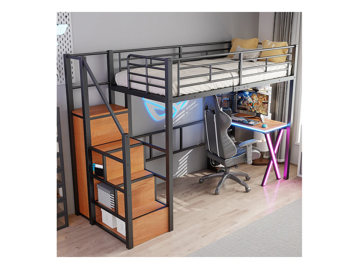Lit mezzanine avec bureau et dressing, métal et MDF, noir, éclairage LED intégré (253.3x95x169cm)