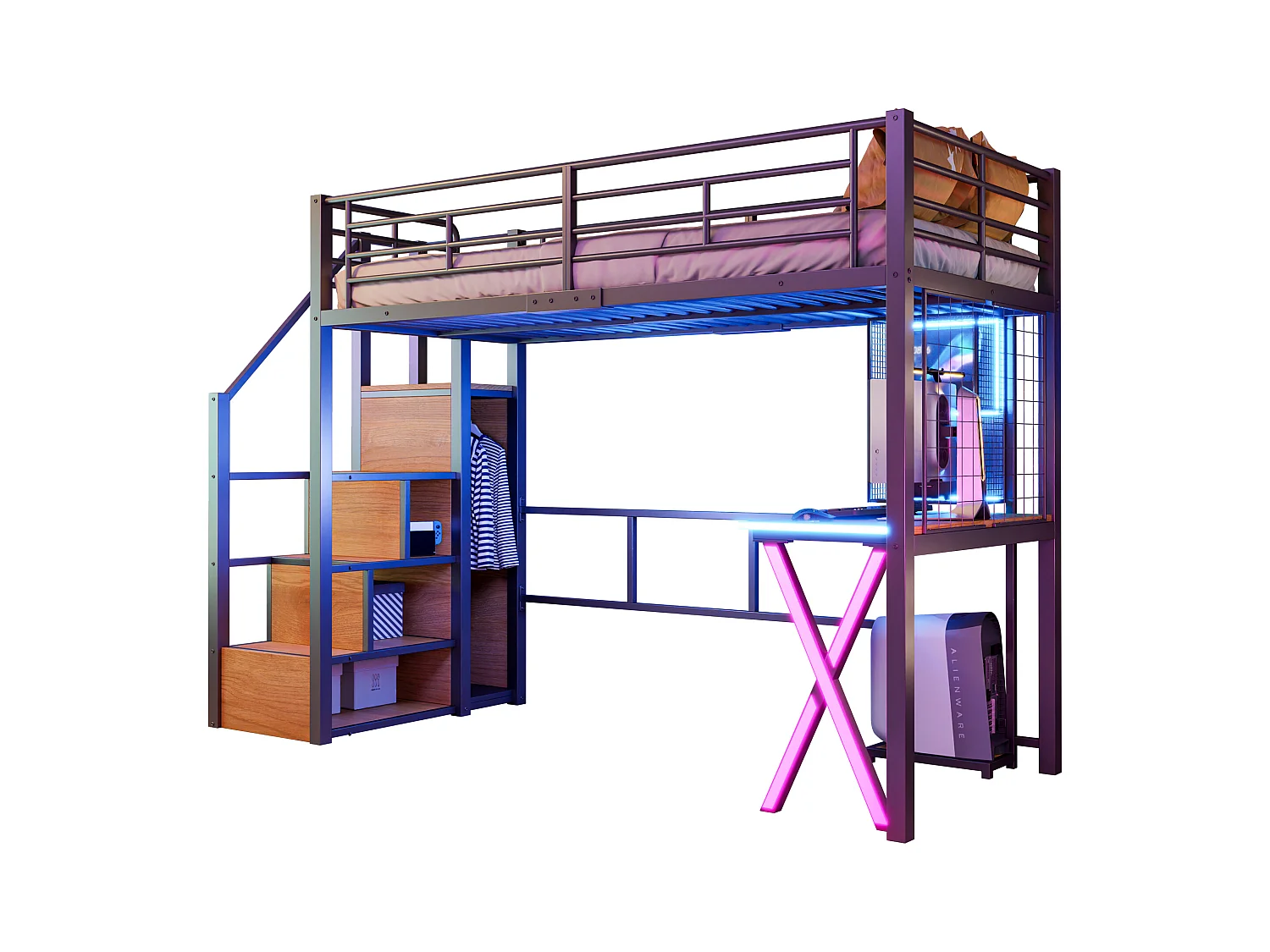 Lit mezzanine avec bureau et dressing, métal et MDF, noir, éclairage LED intégré (253.3x95x169cm)