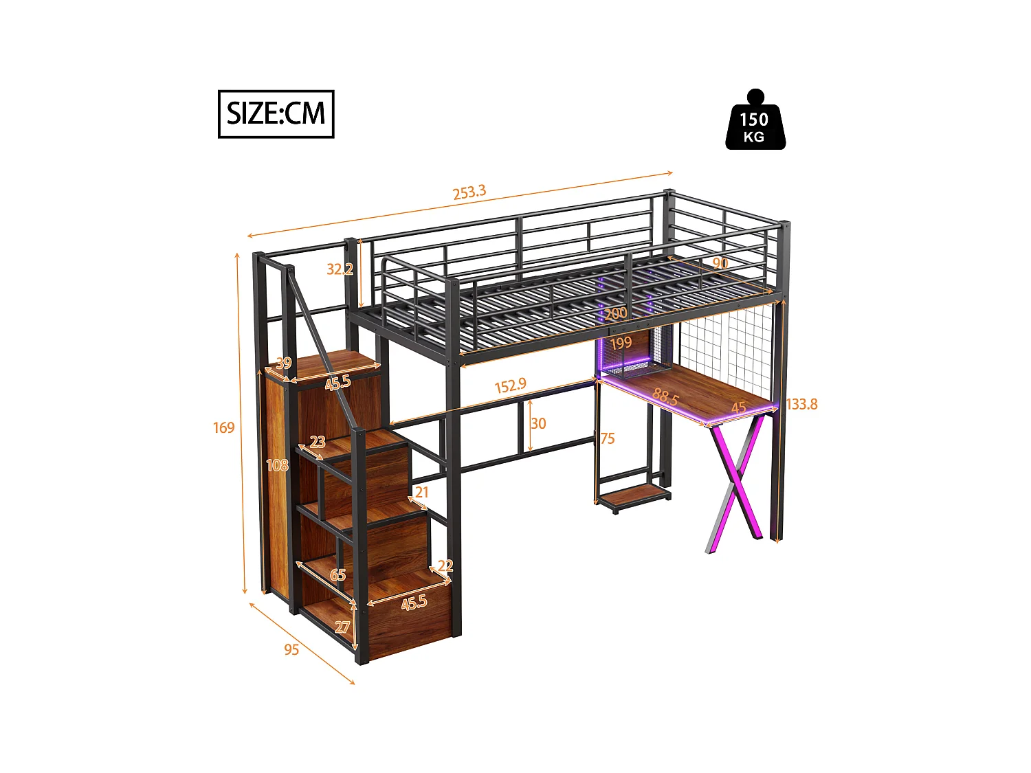 Lit mezzanine avec bureau et dressing, métal et MDF, noir, éclairage LED intégré (253.3x95x169cm)