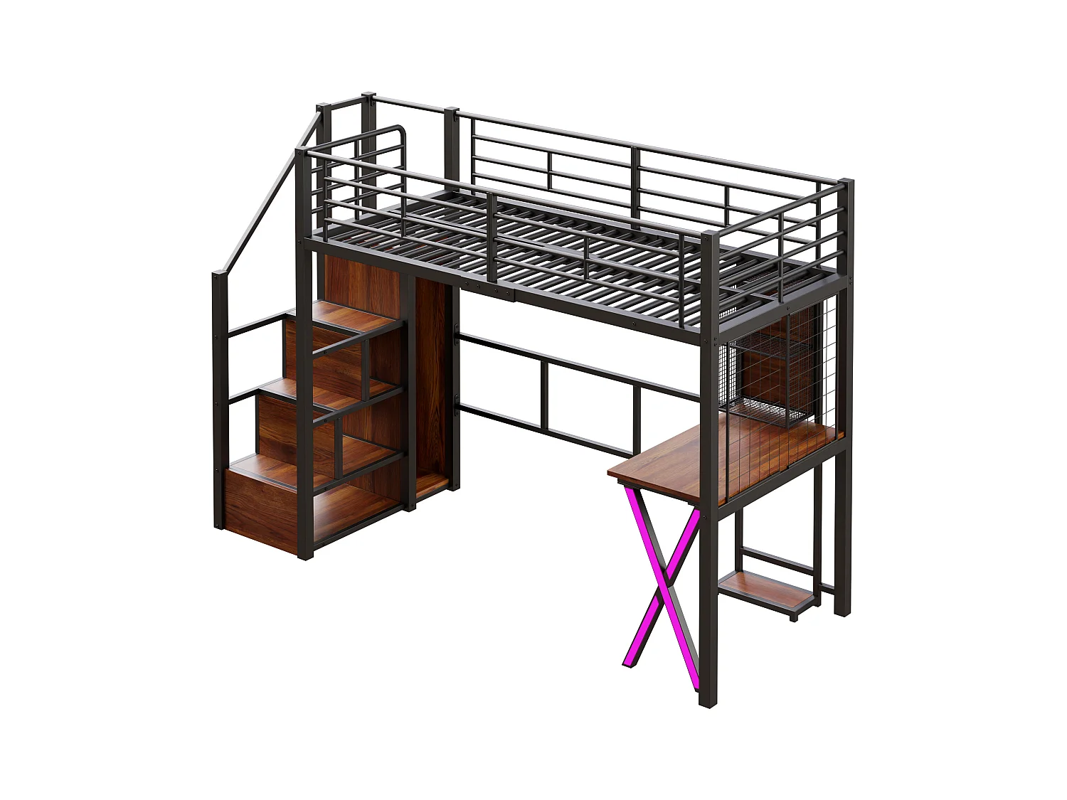 Lit mezzanine avec bureau et dressing, métal et MDF, noir, éclairage LED intégré (253.3x95x169cm)