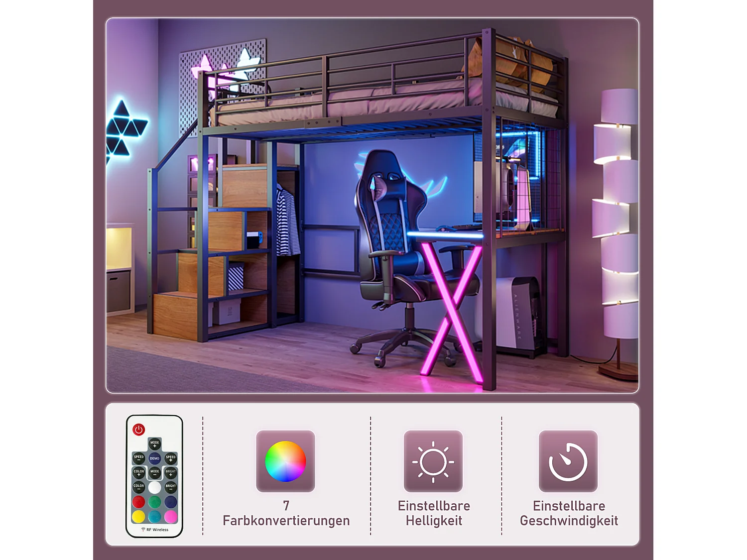 Lit mezzanine avec bureau et dressing, métal et MDF, noir, éclairage LED intégré (253.3x95x169cm)