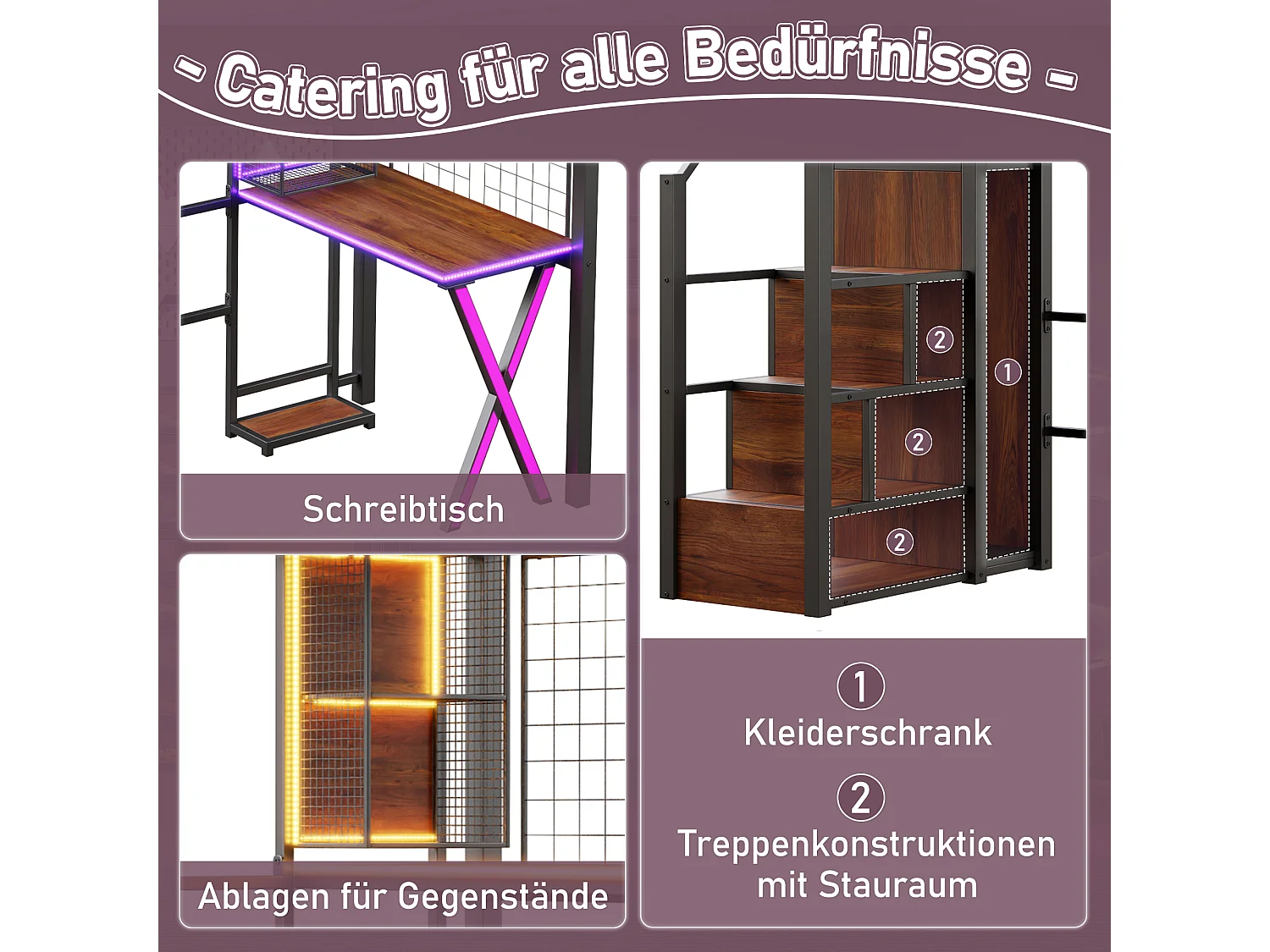 Lit mezzanine avec bureau et dressing, métal et MDF, noir, éclairage LED intégré (253.3x95x169cm)