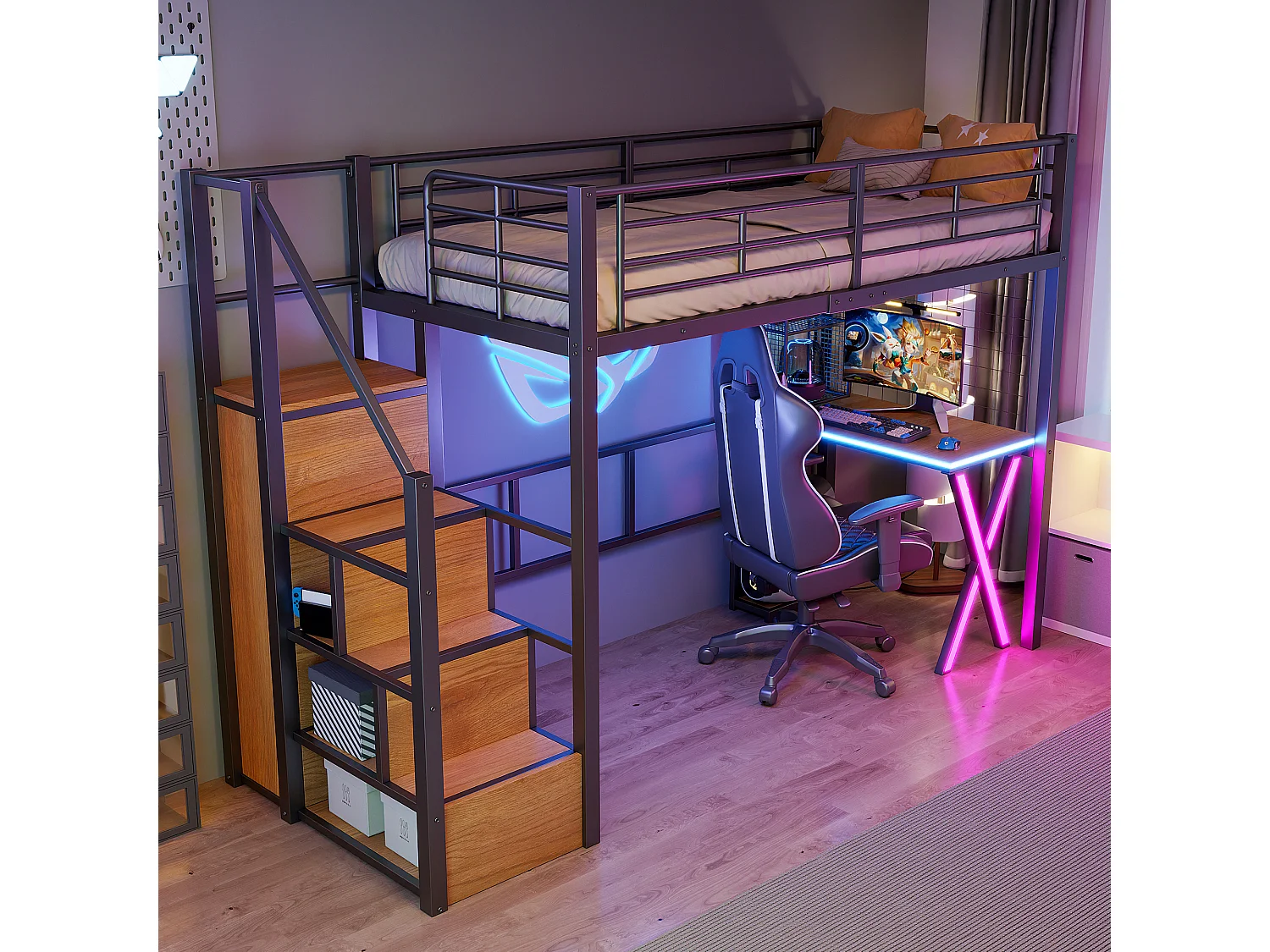 Lit mezzanine avec bureau et dressing, métal et MDF, noir, éclairage LED intégré (253.3x95x169cm)