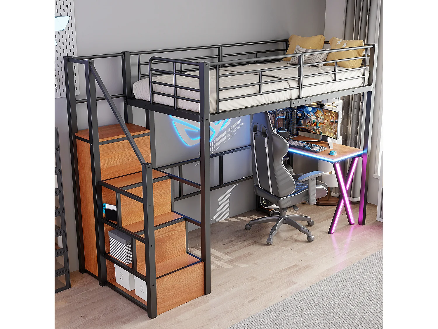 Lit mezzanine avec bureau et dressing, métal et MDF, noir, éclairage LED intégré (253.3x95x169cm)