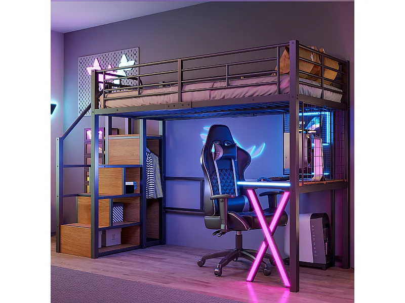 Lit mezzanine avec bureau et dressing, métal et MDF, noir, éclairage LED intégré (253.3x95x169cm)