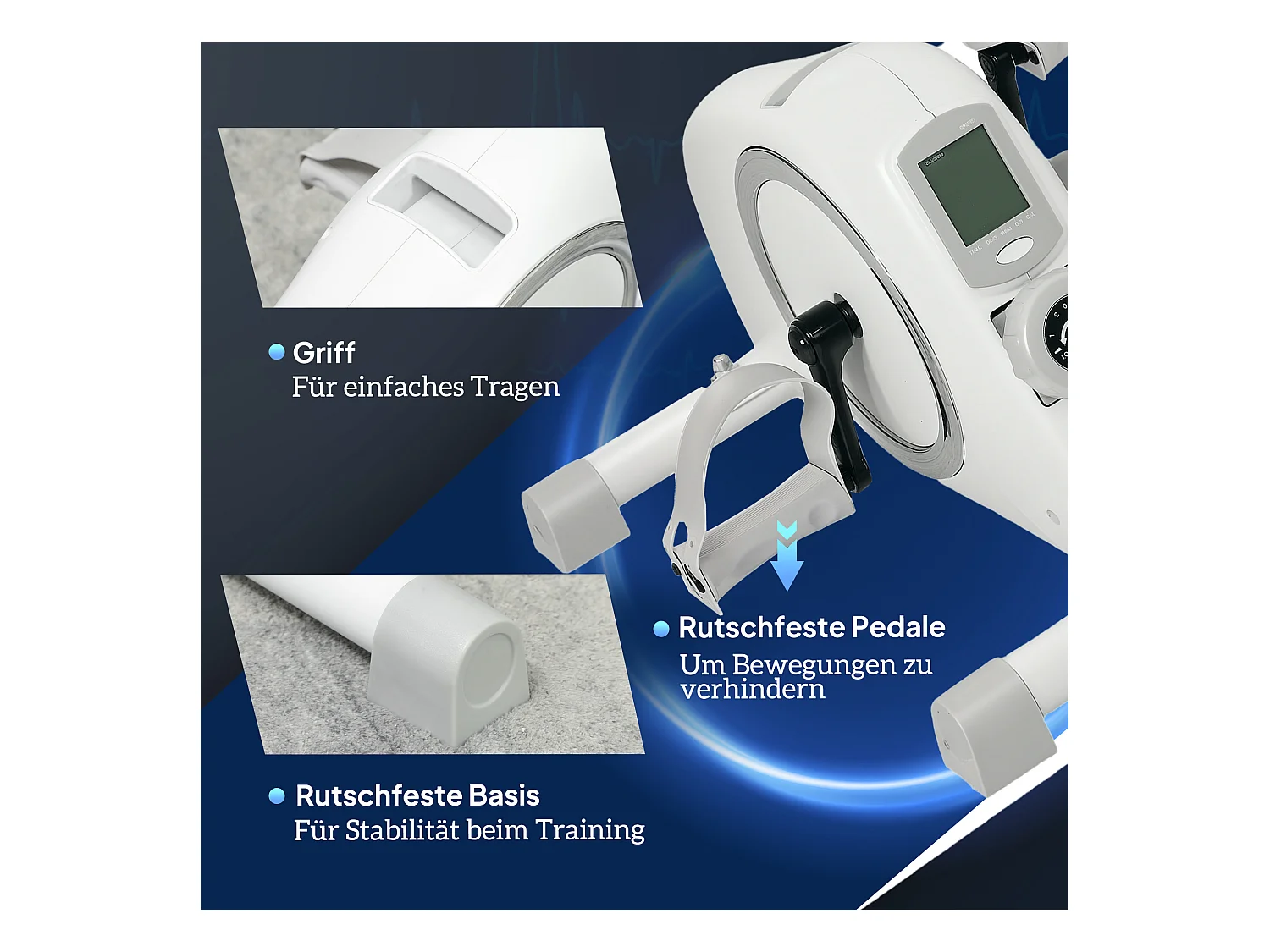 Vélo d'exercice mini pédalier avec résistance magnétique 8 niveaux, acier, blanc (48x43x31cm)