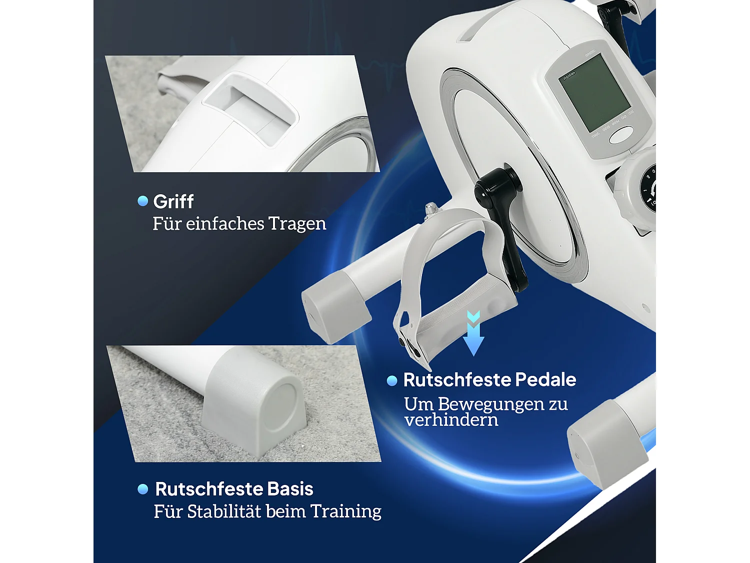 Vélo d'exercice mini pédalier avec résistance magnétique 8 niveaux, acier, blanc (48x43x31cm)